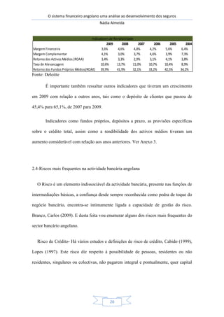 O sistema financeiro angolano uma análise ao desenvolvimento dos seguros
Nádia Almeida
20
Fonte: Deloitte
É importante também ressaltar outros indicadores que tiveram um crescimento
em 2009 com relação a outros anos, tais como o depósito de clientes que passou de
45,4% para 65,1%, de 2007 para 2009.
Indicadores como fundos próprios, depósitos a prazo, as provisões específicas
sobre o crédito total, assim como a rendibilidade dos activos médios tiveram um
aumento considerável com relação aos anos anteriores. Ver Anexo 3.
2.4-Riscos mais frequentes na actividade bancária angolana
O Risco é um elemento indissociável da actividade bancária, presente nas funções de
intermediações básicas, a confiança desde sempre reconhecida como pedra de toque do
negócio bancário, encontra-se intimamente ligada a capacidade de gestão do risco.
Branco, Carlos (2009). E desta feita vou enumerar alguns dos riscos mais frequentes do
sector bancário angolano.
Risco de Crédito- Há vários estudos e definições de risco de crédito, Cabido (1999),
Lopes (1997). Este risco diz respeito á possibilidade de pessoas, residentes ou não
residentes, singulares ou colectivas, não pagarem integral e pontualmente, quer capital
2009 2008 2007 2006 2005 2004
Margem Financeira 3,6% 4,6% 4,8% 4,2% 5,6% 6,4%
Margem Complementar 4,1% 3,0% 3,7% 4,6% 3,9% 7,3%
Retorno dos Activos Médios (ROAA) 3,4% 3,3% 2,9% 3,1% 4,1% 3,8%
Taxa de Alevancagem 10,6% 13,7% 11,0% 10,7% 10,4% 8,9%
Retorno dos Fundos Próprios Médios(ROAE) 39,9% 41,9% 32,1% 33,2% 42,5% 34,2%
Indicadores de Rendibilidade
 