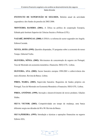 O sistema financeiro angolano uma análise ao desenvolvimento dos seguros
Nádia Almeida
53
INSTITUTO DE SUPERVISÃO SE SEGUROS. Boletim anual da actividade
seguradora e dos fundos de pensões de 2002-2006.
MONTEIRO, RAMIRO. (2001). A África na política de cooperação Europeia,
Editado pelo Instituto Superior de Ciências Sociais e Políticas (UTL).
NAZARÉ, DOMINGAS. (2008).A ENSA e a reforma do sector segurador em Angola.
Editora Caxinde.
NEVES, JOÃO. (1995). Questões disputadas, 55 perguntas sobre a economia do nosso
Tempo. Editorial Verbo.
OLIVEIRA, SÓNIA. (2002). Movimentos de concentração de seguros em Portugal,
Tese de Mestrado em economia monetária e financeira. ISEG-UTL. Lisboa.
OLIVEIRA, ANA. (2002). Sector bancário europeu 1990-2001 a sobrevivência dos
mais eficientes. Revista da Banca. Lisboa.
PIRES, MARIA. (2003). Supervisão bancária- Requisitos de fundos próprios em
Portugal, Tese de Mestrado em Economia Monetária e Financeira. ISEG-UTL. Lisboa.
PIRES, ANTÓNIO. (1999). Inovação e desenvolvimento de novos produtos. Edições
Silabo.
SILVA VICTOR. (2003). Competitividade em tempo de mudança, uma banca
diferente surgiu nas décadas de 80 e 90. Revista da Banca.
SILVA,PEREIRA. (1993). Introdução a técnicas e operações financeiras na seguros
Editora ASA.
 