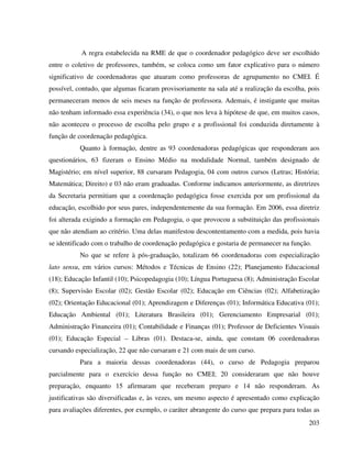 203
A regra estabelecida na RME de que o coordenador pedagógico deve ser escolhido
entre o coletivo de professores, também, se coloca como um fator explicativo para o número
significativo de coordenadoras que atuaram como professoras de agrupamento no CMEI. É
possível, contudo, que algumas ficaram provisoriamente na sala até a realização da escolha, pois
permaneceram menos de seis meses na função de professora. Ademais, é instigante que muitas
não tenham informado essa experiência (34), o que nos leva à hipótese de que, em muitos casos,
não aconteceu o processo de escolha pelo grupo e a profissional foi conduzida diretamente à
função de coordenação pedagógica.
Quanto à formação, dentre as 93 coordenadoras pedagógicas que responderam aos
questionários, 63 fizeram o Ensino Médio na modalidade Normal, também designado de
Magistério; em nível superior, 88 cursaram Pedagogia, 04 com outros cursos (Letras; História;
Matemática; Direito) e 03 não eram graduadas. Conforme indicamos anteriormente, as diretrizes
da Secretaria permitiam que a coordenação pedagógica fosse exercida por um profissional da
educação, escolhido por seus pares, independentemente da sua formação. Em 2006, essa diretriz
foi alterada exigindo a formação em Pedagogia, o que provocou a substituição das profissionais
que não atendiam ao critério. Uma delas manifestou descontentamento com a medida, pois havia
se identificado com o trabalho de coordenação pedagógica e gostaria de permanecer na função.
No que se refere à pós-graduação, totalizam 66 coordenadoras com especialização
lato sensu, em vários cursos: Métodos e Técnicas de Ensino (22); Planejamento Educacional
(18); Educação Infantil (10); Psicopedagogia (10); Língua Portuguesa (8); Administração Escolar
(8); Supervisão Escolar (02); Gestão Escolar (02); Educação em Ciências (02); Alfabetização
(02); Orientação Educacional (01); Aprendizagem e Diferenças (01); Informática Educativa (01);
Educação Ambiental (01); Literatura Brasileira (01); Gerenciamento Empresarial (01);
Administração Financeira (01); Contabilidade e Finanças (01); Professor de Deficientes Visuais
(01); Educação Especial – Libras (01). Destaca-se, ainda, que constam 06 coordenadoras
cursando especialização, 22 que não cursaram e 21 com mais de um curso.
Para a maioria dessas coordenadoras (44), o curso de Pedagogia preparou
parcialmente para o exercício dessa função no CMEI; 20 consideraram que não houve
preparação, enquanto 15 afirmaram que receberam preparo e 14 não responderam. As
justificativas são diversificadas e, às vezes, um mesmo aspecto é apresentado como explicação
para avaliações diferentes, por exemplo, o caráter abrangente do curso que prepara para todas as
 