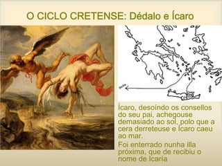 O CICLO CRETENSE: Dédalo e Ícaro
• Ícaro, desoíndo os consellos
do seu pai, achegouse
demasiado ao sol, polo que a
cera derreteuse e Ícaro caeu
ao mar.
• Foi enterrado nunha illa
próxima, que de recibiu o
nome de Icaría
 