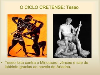 O CICLO CRETENSE: Teseo
• Teseo loita contra o Minotauro, vénceo e sae do
labirinto gracias ao novelo de Ariadna.
 