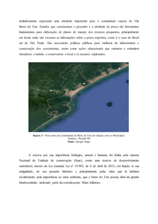 definitivamente representa uma atividade importante para a comunidade caiçara da Vila
Barra do Una. Estudos que caracterizam o pescador e a atividade da pesca são ferramentas
fundamentais para elaboração de planos de manejo dos recursos pesqueiros, principalmente
em locais onde são escassas as informações sobre a pesca esportiva, como é o caso do litoral
sul de São Paulo. São necessárias políticas públicas para melhoria da infraestrutura e
conservação dos ecossistemas, assim como ações educacionais que orientem e estimulem
moradores e turistas a conservarem o local e os recursos explorados.
Figura 3 - Vista aérea da comunidade de Barra do Una em relação com os Municípios
Vizinhos. Peruíbe/SP.
Fonte: Google Maps
A reserva por sua importância biológica, natural e humana, foi defina pelo sistema
Nacional de Unidade de conservação (Snuc), como uma reserva de desenvolvimento
sustentável, através da Lei estadual, Lei nº 14.982, de 8 de abril de 2013, em função se sua
antiguidade, de seu passado histórico e principalmente pelas vidas que lá habitam
secularmente, pela importância ao meio ambiente, que a barra do Una possui, além da grande
biodiversidade, incluindo parte da convalescente Mata Atlântica.
 