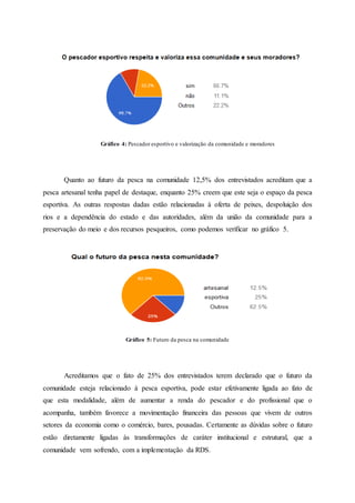 Gráfico 4: Pescador esportivo e valorização da comunidade e moradores
Quanto ao futuro da pesca na comunidade 12,5% dos entrevistados acreditam que a
pesca artesanal tenha papel de destaque, enquanto 25% creem que este seja o espaço da pesca
esportiva. As outras respostas dadas estão relacionadas à oferta de peixes, despoluição dos
rios e a dependência do estado e das autoridades, além da união da comunidade para a
preservação do meio e dos recursos pesqueiros, como podemos verificar no gráfico 5.
Gráfico 5: Futuro da pesca na comunidade
Acreditamos que o fato de 25% dos entrevistados terem declarado que o futuro da
comunidade esteja relacionado à pesca esportiva, pode estar efetivamente ligada ao fato de
que esta modalidade, além de aumentar a renda do pescador e do profissional que o
acompanha, também favorece a movimentação financeira das pessoas que vivem de outros
setores da economia como o comércio, bares, pousadas. Certamente as dúvidas sobre o futuro
estão diretamente ligadas às transformações de caráter institucional e estrutural, que a
comunidade vem sofrendo, com a implementação da RDS.
 