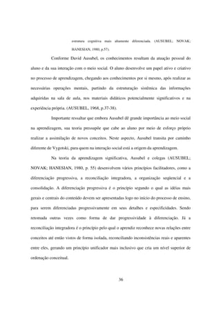 estrutura cognitiva mais altamente diferenciada. (AUSUBEL; NOVAK;

                        HANESIAN, 1980, p.57).

           Conforme David Ausubel, os conhecimentos resultam da atuação pessoal do

aluno e da sua interação com o meio social. O aluno desenvolve um papel ativo e criativo

no processo de aprendizagem, chegando aos conhecimentos por si mesmo, após realizar as

necessárias operações mentais, partindo da estruturação sistêmica das informações

adquiridas na sala de aula, nos materiais didáticos potencialmente significativos e na

experiência própria. (AUSUBEL, 1968, p.37-38).

           Importante ressaltar que embora Ausubel dê grande importância ao meio social

na aprendizagem, sua teoria pressupõe que cabe ao aluno por meio de esforço próprio

realizar a assimilação de novos conceitos. Neste aspecto, Ausubel transita por caminho

diferente de Vygotski, para quem na interação social está a origem da aprendizagem.

           Na teoria da aprendizagem significativa, Ausubel e colegas (AUSUBEL;

NOVAK; HANESIAN, 1980, p. 55) desenvolvem vários princípios facilitadores, como a

diferenciação progressiva, a reconciliação integradora, a organização seqüencial e a

consolidação. A diferenciação progressiva é o princípio segundo o qual as idéias mais

gerais e centrais do conteúdo devem ser apresentadas logo no início do processo de ensino,

para serem diferenciadas progressivamente em seus detalhes e especificidades. Sendo

retomada outras vezes como forma de dar progressividade à diferenciação. Já a

reconciliação integradora é o princípio pelo qual o aprendiz reconhece novas relações entre

conceitos até então vistos de forma isolada, reconciliando inconsistências reais e aparentes

entre eles, gerando um princípio unificador mais inclusivo que cria um nível superior de

ordenação conceitual.




                                                  36
 