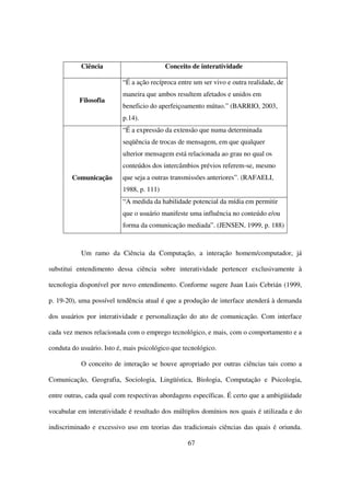 Ciência                        Conceito de interatividade

                          “É a ação recíproca entre um ser vivo e outra realidade, de
                          maneira que ambos resultem afetados e unidos em
           Filosofia
                          beneficio do aperfeiçoamento mútuo.” (BARRIO, 2003,
                          p.14).
                          “É a expressão da extensão que numa determinada
                          seqüência de trocas de mensagem, em que qualquer
                          ulterior mensagem está relacionada ao grau no qual os
                          conteúdos dos intercâmbios prévios referem-se, mesmo
        Comunicação       que seja a outras transmissões anteriores”. (RAFAELI,
                          1988, p. 111)
                          “A medida da habilidade potencial da mídia em permitir
                          que o usuário manifeste uma influência no conteúdo e/ou
                          forma da comunicação mediada”. (JENSEN, 1999, p. 188)



           Um ramo da Ciência da Computação, a interação homem/computador, já

substitui entendimento dessa ciência sobre interatividade pertencer exclusivamente à

tecnologia disponível por novo entendimento. Conforme sugere Juan Luis Cebrián (1999,

p. 19-20), uma possível tendência atual é que a produção de interface atenderá à demanda

dos usuários por interatividade e personalização do ato de comunicação. Com interface

cada vez menos relacionada com o emprego tecnológico, e mais, com o comportamento e a

conduta do usuário. Isto é, mais psicológico que tecnológico.

           O conceito de interação se houve apropriado por outras ciências tais como a

Comunicação, Geografia, Sociologia, Lingüística, Biologia, Computação e Psicologia,

entre outras, cada qual com respectivas abordagens específicas. É certo que a ambigüidade

vocabular em interatividade é resultado dos múltiplos domínios nos quais é utilizada e do

indiscriminado e excessivo uso em teorias das tradicionais ciências das quais é oriunda.

                                                  67
 