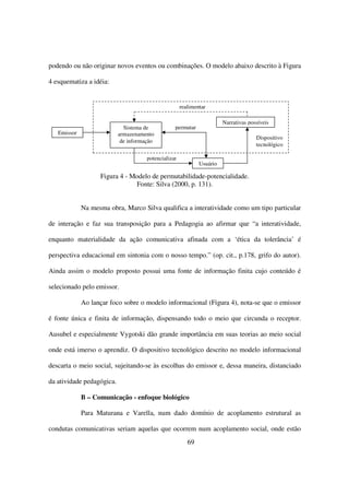 podendo ou não originar novos eventos ou combinações. O modelo abaixo descrito à Figura

4 esquematiza a idéia:


                                                      realimentar

                                                                        Narrativas possíveis
                             Sistema de           permutar
   Emissor                 armazenamento
                                                                                      Dispositivo
                            de informação
                                                                                      tecnológico

                                      potencializar
                                                              Usuário

                   Figura 4 - Modelo de permutabilidade-potencialidade.
                                Fonte: Silva (2000, p. 131).


             Na mesma obra, Marco Silva qualifica a interatividade como um tipo particular

de interação e faz sua transposição para a Pedagogia ao afirmar que “a interatividade,

enquanto materialidade da ação comunicativa afinada com a ‘ética da tolerância’ é

perspectiva educacional em sintonia com o nosso tempo.” (op. cit., p.178, grifo do autor).

Ainda assim o modelo proposto possui uma fonte de informação finita cujo conteúdo é

selecionado pelo emissor.

             Ao lançar foco sobre o modelo informacional (Figura 4), nota-se que o emissor

é fonte única e finita de informação, dispensando todo o meio que circunda o receptor.

Ausubel e especialmente Vygotski dão grande importância em suas teorias ao meio social

onde está imerso o aprendiz. O dispositivo tecnológico descrito no modelo informacional

descarta o meio social, sujeitando-se às escolhas do emissor e, dessa maneira, distanciado

da atividade pedagógica.

             B – Comunicação - enfoque biológico

             Para Maturana e Varella, num dado domínio de acoplamento estrutural as

condutas comunicativas seriam aquelas que ocorrem num acoplamento social, onde estão
                                                         69
 