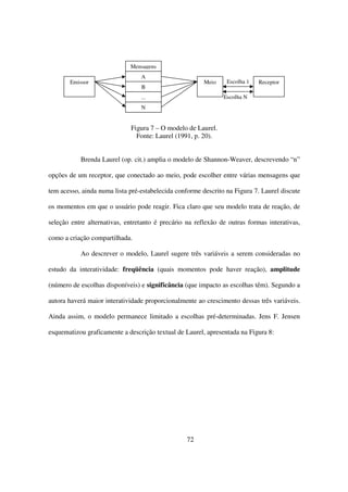 Mensagens
                                 A
       Emissor                                          Meio    Escolha 1   Receptor
                                 B
                                 ...                           Escolha N
                                 N


                             Figura 7 – O modelo de Laurel.
                               Fonte: Laurel (1991, p. 20).


           Brenda Laurel (op. cit.) amplia o modelo de Shannon-Weaver, descrevendo “n”

opções de um receptor, que conectado ao meio, pode escolher entre várias mensagens que

tem acesso, ainda numa lista pré-estabelecida conforme descrito na Figura 7. Laurel discute

os momentos em que o usuário pode reagir. Fica claro que seu modelo trata de reação, de

seleção entre alternativas, entretanto é precário na reflexão de outras formas interativas,

como a criação compartilhada.

           Ao descrever o modelo, Laurel sugere três variáveis a serem consideradas no

estudo da interatividade: freqüência (quais momentos pode haver reação), amplitude

(número de escolhas disponíveis) e significância (que impacto as escolhas têm). Segundo a

autora haverá maior interatividade proporcionalmente ao crescimento dessas três variáveis.

Ainda assim, o modelo permanece limitado a escolhas pré-determinadas. Jens F. Jensen

esquematizou graficamente a descrição textual de Laurel, apresentada na Figura 8:




                                                  72
 
