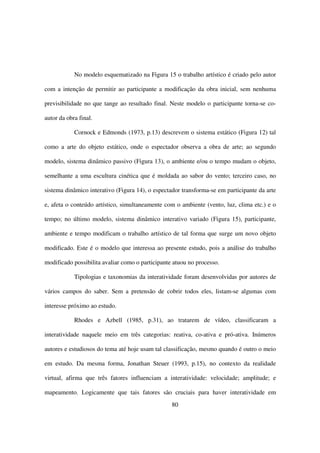 No modelo esquematizado na Figura 15 o trabalho artístico é criado pelo autor

com a intenção de permitir ao participante a modificação da obra inicial, sem nenhuma

previsibilidade no que tange ao resultado final. Neste modelo o participante torna-se co-

autor da obra final.

            Cornock e Edmonds (1973, p.13) descrevem o sistema estático (Figura 12) tal

como a arte do objeto estático, onde o espectador observa a obra de arte; ao segundo

modelo, sistema dinâmico passivo (Figura 13), o ambiente e/ou o tempo mudam o objeto,

semelhante a uma escultura cinética que é moldada ao sabor do vento; terceiro caso, no

sistema dinâmico interativo (Figura 14), o espectador transforma-se em participante da arte

e, afeta o conteúdo artístico, simultaneamente com o ambiente (vento, luz, clima etc.) e o

tempo; no último modelo, sistema dinâmico interativo variado (Figura 15), participante,

ambiente e tempo modificam o trabalho artístico de tal forma que surge um novo objeto

modificado. Este é o modelo que interessa ao presente estudo, pois a análise do trabalho

modificado possibilita avaliar como o participante atuou no processo.

            Tipologias e taxonomias da interatividade foram desenvolvidas por autores de

vários campos do saber. Sem a pretensão de cobrir todos eles, listam-se algumas com

interesse próximo ao estudo.

            Rhodes e Azbell (1985, p.31), ao tratarem de vídeo, classificaram a

interatividade naquele meio em três categorias: reativa, co-ativa e pró-ativa. Inúmeros

autores e estudiosos do tema até hoje usam tal classificação, mesmo quando é outro o meio

em estudo. Da mesma forma, Jonathan Steuer (1993, p.15), no contexto da realidade

virtual, afirma que três fatores influenciam a interatividade: velocidade; amplitude; e

mapeamento. Logicamente que tais fatores são cruciais para haver interatividade em
                                                  80
 