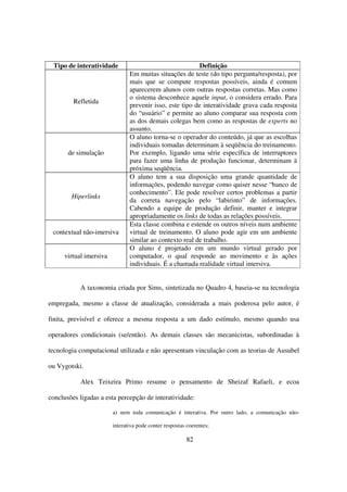 Tipo de interatividade                                   Definição
                               Em muitas situações de teste (do tipo pergunta/resposta), por
                               mais que se compute respostas possíveis, ainda é comum
                               aparecerem alunos com outras respostas corretas. Mas como
                               o sistema desconhece aquele input, o considera errado. Para
         Refletida
                               prevenir isso, este tipo de interatividade grava cada resposta
                               do “usuário” e permite ao aluno comparar sua resposta com
                               as dos demais colegas bem como as respostas de experts no
                               assunto.
                               O aluno torna-se o operador do conteúdo, já que as escolhas
                               individuais tomadas determinam à seqüência do treinamento.
       de simulação            Por exemplo, ligando uma série específica de interruptores
                               para fazer uma linha de produção funcionar, determinam à
                               próxima seqüência.
                               O aluno tem a sua disposição uma grande quantidade de
                               informações, podendo navegar como quiser nesse “banco de
                               conhecimento”. Ele pode resolver certos problemas a partir
        Hiperlinks
                               da correta navegação pelo “labirinto” de informações.
                               Cabendo a equipe de produção definir, manter e integrar
                               apropriadamente os links de todas as relações possíveis.
                               Esta classe combina e estende os outros níveis num ambiente
 contextual não-imersiva       virtual de treinamento. O aluno pode agir em um ambiente
                               similar ao contexto real de trabalho.
                               O aluno é projetado em um mundo virtual gerado por
     virtual imersiva          computador, o qual responde ao movimento e às ações
                               individuais. É a chamada realidade virtual imersiva.


           A taxonomia criada por Sims, sintetizada no Quadro 4, baseia-se na tecnologia

empregada, mesmo a classe de atualização, considerada a mais poderosa pelo autor, é

finita, previsível e oferece a mesma resposta a um dado estímulo, mesmo quando usa

operadores condicionais (se/então). As demais classes são mecanicistas, subordinadas à

tecnologia computacional utilizada e não apresentam vinculação com as teorias de Ausubel

ou Vygotski.

           Alex Teixeira Primo resume o pensamento de Sheizaf Rafaeli, e ecoa

conclusões ligadas a esta percepção de interatividade:

                        a) nem toda comunicação é interativa. Por outro lado, a comunicação não-

                        interativa pode conter respostas coerentes;

                                                        82
 