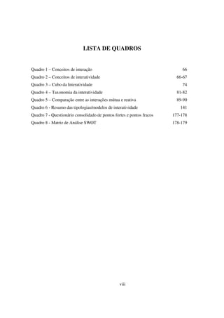 LISTA DE QUADROS


Quadro 1 – Conceitos de interação                                          66
Quadro 2 – Conceitos de interatividade                                   66-67
Quadro 3 – Cubo da Interatividade                                          74
Quadro 4 – Taxonomia da interatividade                                   81-82
Quadro 5 – Comparação entre as interações mútua e reativa                89-90
Quadro 6 - Resumo das tipologias/modelos de interatividade                141
Quadro 7 - Questionário consolidado de pontos fortes e pontos fracos   177-178
Quadro 8 - Matriz de Análise SWOT                                      178-179




                                                 viii
 
