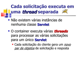 Cada solicitação executa em uma  thread  separada Não existem várias instâncias de nenhuma classe  Servlet O container executa várias  threads  para processar as várias solicitações para um único  Servlet Cada solicitação do cliente gera um  novo par de objetos  de solicitação e resposta 