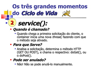 Os três grandes momentos do  Ciclo   de   Vida service(): Quando é chamado? Quando chega a primeira solicitação do cliente, o container inicia uma nova  thread , fazendo com que o método seja ativado. Para que Serve? Analisa a solicitação, determina o método HTTP (GET OU POST), e chama o respectivo: doGet(), ou o doPost(). Pode ser anulado? Não! Não se pode anulá-lo manualmente. 2 