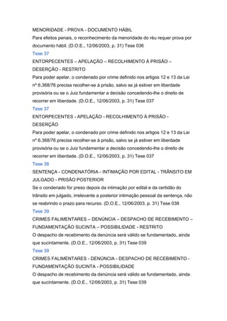 MENORIDADE - PROVA - DOCUMENTO HÁBIL
Para efeitos penais, o reconhecimento da menoridade do réu requer prova por
documento hábil. (D.O.E., 12/06/2003, p. 31) Tese 036
Tese 37
ENTORPECENTES – APELAÇÃO – RECOLHIMENTO À PRISÃO –
DESERÇÃO - RESTRITO
Para poder apelar, o condenado por crime definido nos artigos 12 e 13 da Lei
nº 6.368/76 precisa recolher-se à prisão, salvo se já estiver em liberdade
provisória ou se o Juiz fundamentar a decisão concedendo-lhe o direito de
recorrer em liberdade. (D.O.E., 12/06/2003, p. 31) Tese 037
Tese 37
ENTORPECENTES - APELAÇÃO - RECOLHIMENTO À PRISÃO -
DESERÇÃO
Para poder apelar, o condenado por crime definido nos artigos 12 e 13 da Lei
nº 6.368/76 precisa recolher-se à prisão, salvo se já estiver em liberdade
provisória ou se o Juiz fundamentar a decisão concedendo-lhe o direito de
recorrer em liberdade. (D.O.E., 12/06/2003, p. 31) Tese 037
Tese 38
SENTENÇA - CONDENATÓRIA - INTIMAÇÃO POR EDITAL - TRÂNSITO EM
JULGADO - PRISÃO POSTERIOR
Se o condenado for preso depois da intimação por edital e da certidão do
trânsito em julgado, irrelevante a posterior intimação pessoal da sentença, não
se reabrindo o prazo para recurso. (D.O.E., 12/06/2003, p. 31) Tese 038
Tese 39
CRIMES FALIMENTARES – DENÚNCIA – DESPACHO DE RECEBIMENTO –
FUNDAMENTAÇÃO SUCINTA – POSSIBILIDADE - RESTRITO
O despacho de recebimento da denúncia será válido se fundamentado, ainda
que sucintamente. (D.O.E., 12/06/2003, p. 31) Tese 039
Tese 39
CRIMES FALIMENTARES - DENÚNCIA - DESPACHO DE RECEBIMENTO -
FUNDAMENTAÇÃO SUCINTA - POSSIBILIDADE
O despacho de recebimento da denúncia será válido se fundamentado, ainda
que sucintamente. (D.O.E., 12/06/2003, p. 31) Tese 039
 