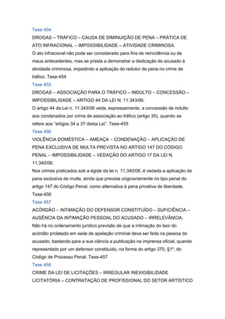 Tese 454
DROGAS – TRÁFICO – CAUSA DE DIMINUIÇÃO DE PENA – PRÁTICA DE
ATO INFRACIONAL – IMPOSSIBILIDADE – ATIVIDADE CRIMINOSA.
O ato infracional não pode ser considerado para fins de reincidência ou de
maus antecedentes, mas se presta a demonstrar a dedicação do acusado à
atividade criminosa, impedindo a aplicação do redutor de pena no crime de
tráfico. Tese-454
Tese 455
DROGAS – ASSOCIAÇÃO PARA O TRÁFICO – INDULTO – CONCESSÃO –
IMPOSSIBILIDADE – ARTIGO 44 DA LEI N. 11.343/06.
O artigo 44 da Lei n. 11.343/06 veda, expressamente, a concessão de indulto
aos condenados por crime de associação ao tráfico (artigo 35), quando se
refere aos “artigos 34 a 37 desta Lei”. Tese-455
Tese 456
VIOLÊNCIA DOMÉSTICA – AMEAÇA – CONDENAÇÃO – APLICAÇÃO DE
PENA EXCLUSIVA DE MULTA PREVISTA NO ARTIGO 147 DO CÓDIGO
PENAL – IMPOSSIBILIDADE – VEDAÇÃO DO ARTIGO 17 DA LEI N.
11.340/06.
Nos crimes praticados sob a égide da lei n. 11.340/06, é vedada a aplicação de
pena exclusiva de multa, ainda que prevista originariamente no tipo penal do
artigo 147 do Código Penal, como alternativa à pena privativa de liberdade.
Tese-456
Tese 457
ACÓRDÃO – INTIMAÇÃO DO DEFENSOR CONSTITUÍDO – SUFICIÊNCIA –
AUSÊNCIA DA INTIMAÇÃO PESSOAL DO ACUSADO – IRRELEVÂNCIA.
Não há no ordenamento jurídico previsão de que a intimação do teor do
acórdão prolatado em sede de apelação criminal deva ser feita na pessoa do
acusado, bastando para a sua ciência a publicação na imprensa oficial, quando
representado por um defensor constituído, na forma do artigo 370, §1º, do
Código de Processo Penal. Tese-457
Tese 458
CRIME DA LEI DE LICITAÇÕES – IRREGULAR INEXIGIBILIDADE
LICITATÓRIA – CONTRATAÇÃO DE PROFISSIONAL DO SETOR ARTÍSTICO
 
