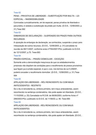Tese 62
PENA – PRIVATIVA DE LIBERDADE – SUBSTITUIÇÃO POR MULTA – LEI
ESPECIAL – INADMISSIBILIDADE
Cominadas cumulativamente, em lei especial, penas privativa de liberdade e
pecuniária, é vedada a substituição da prisão por multa. (D.O.E., 12/06/2003, p.
31) Tese 062
Tese 63
EMBARGOS DE DECLARAÇÃO – SUSPENSÃO DO PRAZO PARA OUTROS
RECURSOS
A oposição de embargos de declaração, se conhecidos, suspende o prazo para
interposição de outros recursos. (D.O.E., 12/06/2003, p. 31).cancelada na
reunião de 08/11/2007, conforme aviso nº755/2007-PGJ, publicado no D.O.E.
de 12/12/2007, p.75. Tese-063
Tese 64
PRISÃO ESPECIAL – PRISÃO DOMICILIAR – EXCEÇÃO
Somente ante a demonstração inequívoca de que os estabelecimentos
prisionais não dispõem de condições para o recolhimento de presos provisórios
que façam jus à prisão especial, é que o Juiz, nos termos da Lei 5.256/67,
poderá conceder o recolhimento domiciliar. (D.O.E., 12/06/2003, p. 31) Tese
064
Tese 65
APELAÇÃO EM LIBERDADE – RÉU REINCIDENTE OU COM MAUS
ANTECEDENTES - RESTRITO
Se o réu é reincidente ou, embora primário, tem maus antecedentes, assim
reconhecido na sentença condenatória, não pode apelar em liberdade. (D.O.E.,
11/10/2000, p. 25) Cancelada na R.O.M. de 06/06/2003, conforme Aviso nº
289/2003-PGJ, publicado no D.O.E. de 11/06/03, p. 46. Tese-065
Tese 65
APELAÇÃO EM LIBERDADE - RÉU REINCIDENTE OU COM MAUS
ANTECEDENTES
Se o réu é reincidente ou, embora primário, tem maus antecedentes, assim
reconhecido na sentença condenatória, não pode apelar em liberdade. (D.O.E.,
 