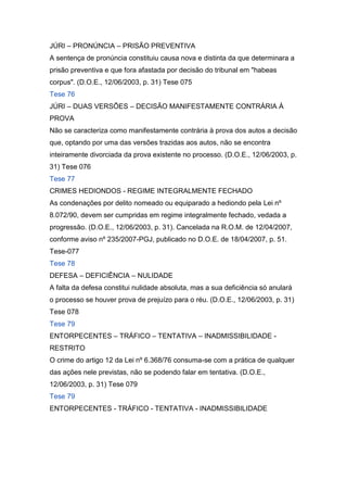 JÚRI – PRONÚNCIA – PRISÃO PREVENTIVA
A sentença de pronúncia constituiu causa nova e distinta da que determinara a
prisão preventiva e que fora afastada por decisão do tribunal em "habeas
corpus". (D.O.E., 12/06/2003, p. 31) Tese 075
Tese 76
JÚRI – DUAS VERSÕES – DECISÃO MANIFESTAMENTE CONTRÁRIA À
PROVA
Não se caracteriza como manifestamente contrária à prova dos autos a decisão
que, optando por uma das versões trazidas aos autos, não se encontra
inteiramente divorciada da prova existente no processo. (D.O.E., 12/06/2003, p.
31) Tese 076
Tese 77
CRIMES HEDIONDOS - REGIME INTEGRALMENTE FECHADO
As condenações por delito nomeado ou equiparado a hediondo pela Lei nº
8.072/90, devem ser cumpridas em regime integralmente fechado, vedada a
progressão. (D.O.E., 12/06/2003, p. 31). Cancelada na R.O.M. de 12/04/2007,
conforme aviso nº 235/2007-PGJ, publicado no D.O.E. de 18/04/2007, p. 51.
Tese-077
Tese 78
DEFESA – DEFICIÊNCIA – NULIDADE
A falta da defesa constitui nulidade absoluta, mas a sua deficiência só anulará
o processo se houver prova de prejuízo para o réu. (D.O.E., 12/06/2003, p. 31)
Tese 078
Tese 79
ENTORPECENTES – TRÁFICO – TENTATIVA – INADMISSIBILIDADE -
RESTRITO
O crime do artigo 12 da Lei nº 6.368/76 consuma-se com a prática de qualquer
das ações nele previstas, não se podendo falar em tentativa. (D.O.E.,
12/06/2003, p. 31) Tese 079
Tese 79
ENTORPECENTES - TRÁFICO - TENTATIVA - INADMISSIBILIDADE
 