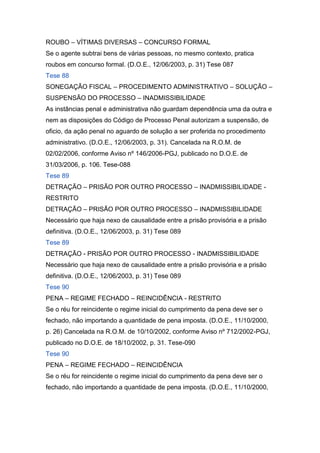 ROUBO – VÍTIMAS DIVERSAS – CONCURSO FORMAL
Se o agente subtrai bens de várias pessoas, no mesmo contexto, pratica
roubos em concurso formal. (D.O.E., 12/06/2003, p. 31) Tese 087
Tese 88
SONEGAÇÃO FISCAL – PROCEDIMENTO ADMINISTRATIVO – SOLUÇÃO –
SUSPENSÃO DO PROCESSO – INADMISSIBILIDADE
As instâncias penal e administrativa não guardam dependência uma da outra e
nem as disposições do Código de Processo Penal autorizam a suspensão, de
oficio, da ação penal no aguardo de solução a ser proferida no procedimento
administrativo. (D.O.E., 12/06/2003, p. 31). Cancelada na R.O.M. de
02/02/2006, conforme Aviso nº 146/2006-PGJ, publicado no D.O.E. de
31/03/2006, p. 106. Tese-088
Tese 89
DETRAÇÃO – PRISÃO POR OUTRO PROCESSO – INADMISSIBILIDADE -
RESTRITO
DETRAÇÃO – PRISÃO POR OUTRO PROCESSO – INADMISSIBILIDADE
Necessário que haja nexo de causalidade entre a prisão provisória e a prisão
definitiva. (D.O.E., 12/06/2003, p. 31) Tese 089
Tese 89
DETRAÇÃO - PRISÃO POR OUTRO PROCESSO - INADMISSIBILIDADE
Necessário que haja nexo de causalidade entre a prisão provisória e a prisão
definitiva. (D.O.E., 12/06/2003, p. 31) Tese 089
Tese 90
PENA – REGIME FECHADO – REINCIDÊNCIA - RESTRITO
Se o réu for reincidente o regime inicial do cumprimento da pena deve ser o
fechado, não importando a quantidade de pena imposta. (D.O.E., 11/10/2000,
p. 26) Cancelada na R.O.M. de 10/10/2002, conforme Aviso nº 712/2002-PGJ,
publicado no D.O.E. de 18/10/2002, p. 31. Tese-090
Tese 90
PENA – REGIME FECHADO – REINCIDÊNCIA
Se o réu for reincidente o regime inicial do cumprimento da pena deve ser o
fechado, não importando a quantidade de pena imposta. (D.O.E., 11/10/2000,
 