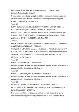 APROPRIAÇÃO INDÉBITA – RESSARCIMENTO DO PREJUÍZO –
PERMANÊNCIA DA TIPICIDADE
Consumado o crime de apropriação indébita, o ressarcimento do prejuízo não
afasta o caráter ilícito do fato, servindo tão-somente para diminuir a pena.
(D.O.E., 12/06/2003, p. 32) Tese 119
Tese 120
FALTA DE HABILITAÇÃO PARA DIRIGIR VEÍCULO – ARTIGO 32 DA LEI
DAS CONTRAVENÇÕES PENAIS – VIGÊNCIA - RESTRITO
O artigo 32 da LCP não foi revogado pelo Código de Trânsito Brasileiro (Lei nº
9.503/97). (D.O.E., 11/10/2000, p. 26) Cancelada conforme Aviso nº 251/01,
publicado no D.O.E de 08/05/2001, p. 25. Tese 120
Tese 120
FALTA DE HABILITAÇÃO PARA DIRIGIR VEÍCULO - ARTIGO 32 DA LEI DAS
CONTRAVENÇÕES PENAIS - VIGÊNCIA
O artigo 32 da LCP não foi revogado pelo Código de Trânsito Brasileiro (Lei nº
9.503/97). (D.O.E., 11/10/2000, p. 26) Cancelada na Reunião Extraordinária de
24/04/2001, conforme Aviso nº 251/2001-PGJ, publicado no D.O.E de
08/05/2001, p. 25. Tese-120
Tese 121
ROUBO - CONSUMAÇÃO - IMPRÓPRIO
O roubo impróprio se consuma com o emprego da grave ameaça ou violência à
pessoa. (D.O.E., 12/06/2003, p. 32) Tese 121
Tese 121
ROUBO – CONSUMAÇÃO – IMPRÓPRIO - RESTRITO
O roubo impróprio se consuma com o emprego da grave ameaça ou violência à
pessoa. (D.O.E., 12/06/2003, p. 32) Tese 121
Tese 122
DENÚNCIA – CRIMES SOCIETÁRIOS – DESNECESSIDADE DE
INDIVIDUALIZAÇÃO DA CONDUTA – NECESSIDADE DE NARRATIVA DE
FATO CRIMINOSO - RESTRITO
Nos crimes societários ou de autoria coletiva, não é imprescindível que a
denúncia descreva a participação pormenorizada de cada acusado. Mas é
 