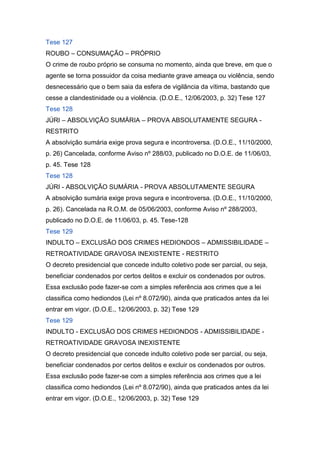 Tese 127
ROUBO – CONSUMAÇÃO – PRÓPRIO
O crime de roubo próprio se consuma no momento, ainda que breve, em que o
agente se torna possuidor da coisa mediante grave ameaça ou violência, sendo
desnecessário que o bem saia da esfera de vigilância da vítima, bastando que
cesse a clandestinidade ou a violência. (D.O.E., 12/06/2003, p. 32) Tese 127
Tese 128
JÚRI – ABSOLVIÇÃO SUMÁRIA – PROVA ABSOLUTAMENTE SEGURA -
RESTRITO
A absolvição sumária exige prova segura e incontroversa. (D.O.E., 11/10/2000,
p. 26) Cancelada, conforme Aviso nº 288/03, publicado no D.O.E. de 11/06/03,
p. 45. Tese 128
Tese 128
JÚRI - ABSOLVIÇÃO SUMÁRIA - PROVA ABSOLUTAMENTE SEGURA
A absolvição sumária exige prova segura e incontroversa. (D.O.E., 11/10/2000,
p. 26). Cancelada na R.O.M. de 05/06/2003, conforme Aviso nº 288/2003,
publicado no D.O.E. de 11/06/03, p. 45. Tese-128
Tese 129
INDULTO – EXCLUSÃO DOS CRIMES HEDIONDOS – ADMISSIBILIDADE –
RETROATIVIDADE GRAVOSA INEXISTENTE - RESTRITO
O decreto presidencial que concede indulto coletivo pode ser parcial, ou seja,
beneficiar condenados por certos delitos e excluir os condenados por outros.
Essa exclusão pode fazer-se com a simples referência aos crimes que a lei
classifica como hediondos (Lei nº 8.072/90), ainda que praticados antes da lei
entrar em vigor. (D.O.E., 12/06/2003, p. 32) Tese 129
Tese 129
INDULTO - EXCLUSÃO DOS CRIMES HEDIONDOS - ADMISSIBILIDADE -
RETROATIVIDADE GRAVOSA INEXISTENTE
O decreto presidencial que concede indulto coletivo pode ser parcial, ou seja,
beneficiar condenados por certos delitos e excluir os condenados por outros.
Essa exclusão pode fazer-se com a simples referência aos crimes que a lei
classifica como hediondos (Lei nº 8.072/90), ainda que praticados antes da lei
entrar em vigor. (D.O.E., 12/06/2003, p. 32) Tese 129
 