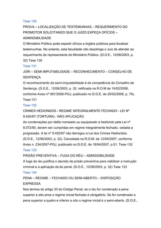 Tese 130
PROVA – LOCALIZAÇÃO DE TESTEMUNHAS – REQUERIMENTO DO
PROMOTOR SOLICITANDO QUE O JUÍZO EXPEÇA OFÍCIOS –
ADMISSIBILIDADE
O Ministério Público pode expedir ofícios a órgãos públicos para localizar
testemunhas. No entanto, esta faculdade não desobriga o Juiz de atender ao
requerimento do representante do Ministério Público. (D.O.E., 12/06/2003, p.
32) Tese 130
Tese 131
JÚRI – SEMI-IMPUTABILIDADE – RECONHECIMENTO – CONSELHO DE
SENTENÇA
O reconhecimento da semi-imputabilidade é da competência do Conselho de
Sentença. (D.O.E., 12/06/2003, p. 32, retificada na R.O.M de 14/02/2008,
conforme Aviso nº 081/2008-PGJ, publicado no D.O.E. de 20/02/2008, p. 79).
Tese-131
Tese 132
CRIMES HEDIONDOS - REGIME INTEGRALMENTE FECHADO - LEI Nº
9.455/97 (TORTURA) - NÃO APLICAÇÃO
As condenações por delito nomeado ou equiparado a hediondo pela Lei nº
8.072/90, devem ser cumpridas em regime integralmente fechado, vedada a
progressão. A lei nº 9.455/97 não derrogou a Lei dos Crimes Hediondos.
(D.O.E., 12/06/2003, p. 32). Cancelada na R.O.M. de 12/04/2007, conforme
Aviso n. 234/2007-PGJ, publicado no D.O.E. de 18/04/2007, p.51. Tese-132
Tese 133
PRISÃO PREVENTIVA – FUGA DO RÉU – ADMISSIBILIDADE
A fuga do réu justifica o decreto de prisão preventiva para viabilizar a instrução
criminal e a aplicação da lei penal. (D.O.E., 12/06/2003, p. 32) Tese 133
Tese 134
PENA – REGIME – FECHADO OU SEMI-ABERTO – DISPOSIÇÃO
EXPRESSA
Nos termos do artigo 33 do Código Penal, se o réu for condenado a pena
superior a oito anos o regime inicial fechado é obrigatório. Se for condenado a
pena superior a quatro e inferior a oito o regime inicial é o semi-aberto. (D.O.E.,
 