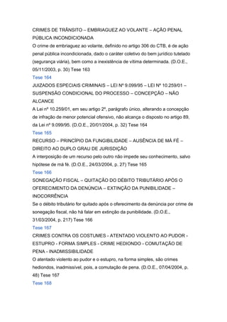 CRIMES DE TRÂNSITO – EMBRIAGUEZ AO VOLANTE – AÇÃO PENAL
PÚBLICA INCONDICIONADA
O crime de embriaguez ao volante, definido no artigo 306 do CTB, é de ação
penal pública incondicionada, dado o caráter coletivo do bem jurídico tutelado
(segurança viária), bem como a inexistência de vítima determinada. (D.O.E.,
05/11/2003, p. 30) Tese 163
Tese 164
JUIZADOS ESPECIAIS CRIMINAIS – LEI Nº 9.099/95 – LEI Nº 10.259/01 –
SUSPENSÃO CONDICIONAL DO PROCESSO – CONCEPÇÃO – NÃO
ALCANCE
A Lei nº 10.259/01, em seu artigo 2º, parágrafo único, alterando a concepção
de infração de menor potencial ofensivo, não alcança o disposto no artigo 89,
da Lei nº 9.099/95. (D.O.E., 20/01/2004, p. 32) Tese 164
Tese 165
RECURSO – PRINCÍPIO DA FUNGIBILIDADE – AUSÊNCIA DE MÁ FÉ –
DIREITO AO DUPLO GRAU DE JURISDIÇÃO
A interposição de um recurso pelo outro não impede seu conhecimento, salvo
hipótese de má fé. (D.O.E., 24/03/2004, p. 27) Tese 165
Tese 166
SONEGAÇÃO FISCAL – QUITAÇÃO DO DÉBITO TRIBUTÁRIO APÓS O
OFERECIMENTO DA DENÚNCIA – EXTINÇÃO DA PUNIBILIDADE –
INOCORRÊNCIA
Se o débito tributário for quitado após o oferecimento da denúncia por crime de
sonegação fiscal, não há falar em extinção da punibilidade. (D.O.E.,
31/03/2004, p. 217) Tese 166
Tese 167
CRIMES CONTRA OS COSTUMES - ATENTADO VIOLENTO AO PUDOR -
ESTUPRO - FORMA SIMPLES - CRIME HEDIONDO - COMUTAÇÃO DE
PENA - INADMISSIBILIDADE
O atentado violento ao pudor e o estupro, na forma simples, são crimes
hediondos, inadmissível, pois, a comutação de pena. (D.O.E., 07/04/2004, p.
48) Tese 167
Tese 168
 