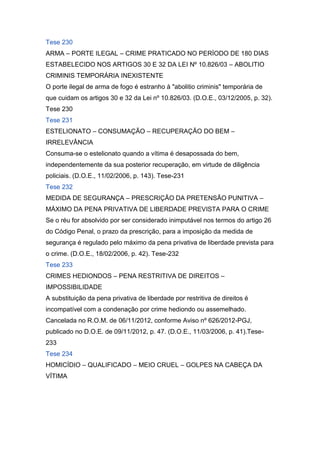 Tese 230
ARMA – PORTE ILEGAL – CRIME PRATICADO NO PERÍODO DE 180 DIAS
ESTABELECIDO NOS ARTIGOS 30 E 32 DA LEI Nº 10.826/03 – ABOLITIO
CRIMINIS TEMPORÁRIA INEXISTENTE
O porte ilegal de arma de fogo é estranho à "abolitio criminis" temporária de
que cuidam os artigos 30 e 32 da Lei nº 10.826/03. (D.O.E., 03/12/2005, p. 32).
Tese 230
Tese 231
ESTELIONATO – CONSUMAÇÃO – RECUPERAÇÃO DO BEM –
IRRELEVÂNCIA
Consuma-se o estelionato quando a vítima é desapossada do bem,
independentemente da sua posterior recuperação, em virtude de diligência
policiais. (D.O.E., 11/02/2006, p. 143). Tese-231
Tese 232
MEDIDA DE SEGURANÇA – PRESCRIÇÃO DA PRETENSÃO PUNITIVA –
MÁXIMO DA PENA PRIVATIVA DE LIBERDADE PREVISTA PARA O CRIME
Se o réu for absolvido por ser considerado inimputável nos termos do artigo 26
do Código Penal, o prazo da prescrição, para a imposição da medida de
segurança é regulado pelo máximo da pena privativa de liberdade prevista para
o crime. (D.O.E., 18/02/2006, p. 42). Tese-232
Tese 233
CRIMES HEDIONDOS – PENA RESTRITIVA DE DIREITOS –
IMPOSSIBILIDADE
A substituição da pena privativa de liberdade por restritiva de direitos é
incompatível com a condenação por crime hediondo ou assemelhado.
Cancelada no R.O.M. de 06/11/2012, conforme Aviso nº 626/2012-PGJ,
publicado no D.O.E. de 09/11/2012, p. 47. (D.O.E., 11/03/2006, p. 41).Tese-
233
Tese 234
HOMICÍDIO – QUALIFICADO – MEIO CRUEL – GOLPES NA CABEÇA DA
VÍTIMA
 