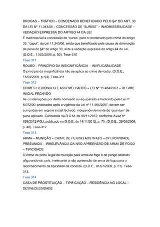 DROGAS – TRÁFICO – CONDENADO BENEFICIADO PELO §4º DO ART. 33
DA LEI Nº 11.343/06 – CONCESSÃO DE “SURSIS” – INADMISSIBILIDADE –
VEDAÇÃO EXPRESSA DO ARTIGO 44 DA LEI
É inadmissível a concessão de “sursis” para o condenado pelo crime do artigo
33, “caput”, da Lei 11.343/06, ainda que beneficiado pela causa de diminuição
da pena do §4º do artigo 33, ante a vedação expressa do artigo 44 da Lei.
(D.O.E., 11/03/2009, p. 50). Tese-310
Tese 311
ROUBO – PRINCÍPIO DA INSIGNIFICÂNCIA – INAPLICABILIDADE
O princípio da insignificância não se aplica ao crime de roubo. (D.O.E.,
15/04/2009, p. 94). Tese-311
Tese 312
CRIMES HEDIONDOS E ASSEMELHADOS – LEI Nº 11.464/2007 – REGIME
INICIAL FECHADO
As condenações por delito nomeado ou equiparado a hediondo pela Lei nº
8.072/90, praticados após a vigência da Lei nº 11.464/2007, devem ser
cumpridas em regime inicial fechado, independentemente do ‘quantum’ de
pena aplicado. Cancelada na R.O.M. de 06/11/2012, conforme Aviso nº
638/2012-PGJ, publicado no D.O.E. de 14/11/2012, p. 75. (D.O.E., 29/05/2009,
p. 48). Tese-312.
Tese 313
ARMA – MUNIÇÃO – CRIME DE PERIGO ABSTRATO – OFENSIVIDADE
PRESUMIDA – IRRELEVÂNCIA DA NÃO APREENSÃO DE ARMA DE FOGO
– TIPICIDADE
O crime de porte ilegal de munição para arma de fogo é de perigo abstrato,
afigurando-se, pois, irrelevante a não apreensão de arma de fogo para o
reconhecimento da tipicidade da conduta. (D.O.E., 01/07/2009, p. 51). Tese-
313.
Tese 314
CASA DE PROSTITUIÇÃO – TIPIFICAÇÃO – RESIDÊNCIA NO LOCAL –
DESNECESSIDADE
 