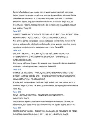 Embora fundado em convenção com organismo internacional, o crime de
tráfico interno de pessoa para fim de exploração sexual não atinge de forma
direta bem ou interesse da União, nem ultrapassa os limites do território
brasileiro, não se enquadrando em nenhum dos incisos do artigo 109, da
Constituição Federal, razão pela qual é de competência da Justiça Estadual
sua análise. Tese-406
Tese 407
CRIMES CONTRA A DIGNIDADE SEXUAL – ESTUPRO QUALIFICADO PELA
MENORIDADE – AÇÃO PENAL – PÚBLICA INCONDICIONADA.
Nos crimes contra a dignidade sexual praticados contra vítima menor de 18
anos, a ação penal é pública incondicionada, ainda que seu exercício ocorra
depois de o sujeito passivo alcançar a maioridade. Tese-407.
Tese 408
DROGA – TRÁFICO – RECEPTAÇÃO DE VEÍCULO AUTOMOTOR
UTILIZADO PARA O TRANSPORTE DE DROGA – CONSUNÇÃO –
INADMISSIBILIDADE.
O crime de tráfico de drogas não absorve o de receptação dolosa do veículo
automotor utilizado para o seu transporte. Tese-408
Tese 409
CRIMES DE TRÂNSITO – VIOLAÇÃO À SUSPENSÃO DO DIREITO DE
DIRIGIR (ARTIGO 307 DO CTB) – SUSPENSÃO ORIUNDA DE DECISÃO
ADMINISTRATIVA – POSSIBILIDADE
A violação à suspensão do direito de dirigir veículo automotor caracteriza o
crime do artigo 307 do CTB, ainda que decorrente de imposição administrativa.
Tese-409.
Tese 410
PENA – REGIME ABERTO – CONDENADO REINCIDENTE –
IMPOSSIBILIDADE.
O condenado a pena privativa de liberdade igual ou inferior a 04 anos, se
reincidente, não pode iniciar seu cumprimento em regime aberto. tese-410.
Tese 411
FURTO QUALIFICADO – INCIDÊNCIA DA CAUSA DE AUMENTO DE PENA
DO REPOUSO NOTURNO(CP, ART. 155, §1º) – POSSIBILIDADE.
 