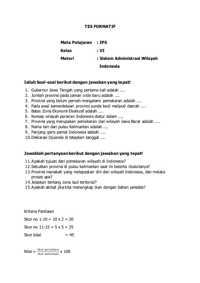 Soal Ips Kelas 6 Materi Perkembangan Sistem Administrasi Wilayah Indonesia