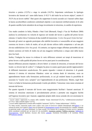 tirocinio o pratica (12,5%) e stage in azienda (14,5%). Importante sottolineare la tipologia
lavorativa dei laureati ad 1 anno dalla laurea: il 43,5 % del totale ha un lavoro atipico 4, mentre il
39,3% ha un lavoro stabile5. Dati questi che supportano la teoria secondo cui i laureati subito dopo
la laurea accetterebbero condizioni contrattuali atipiche e con mansioni retributivamente al di sotto
di quanto sarebbe lecito attendersi da un lungo investimento in istruzione, in cambio di esperienza.


Uno studio condotto in Italia, Olanda e Stati Uniti (Bernardi, Gangl e Van de Werfhorst 2004)
analizza la correlazione tra velocità di ingresso nel mondo del lavoro e qualità del primo lavoro
ottenuto. L’analisi rileva l’esistenza di due modelli di transizione: 1) slow but good; 2) fast but bad.
Secondo gli autori un approdo posticipato alla stabilità lavorativa si assocerebbe ad una maggiore
coerenza tra lavoro e titolo di studio, ad un più elevato utilizzo delle competenze e ad una più
elevata soddisfazione (slow but good). Al contrario, un ingresso troppo affrettato porterebbe ad una
minore coerenza col titolo di studio ma ad una maggiore retribuzione a cinque anni dalla laurea
(fast but bad).
Inoltre, l’indagine ha messo in evidenza le varie differenze esistenti sui tempi di transizione al
primo lavoro e sulla qualità del primo lavoro nei tre paesi presi in considerazione.
Queste differenze possono imputate a diversi fattori: ai sistemi di istruzione, al mercato del lavoro
locale e ai diversi tipi di welfare6. L’indagine ha preso in esame questi paesi perché rappresentativi
di differenti transizioni scuola-lavoro. Per quanto riguardo i sistemi di istruzione è di grande
interesse il sistema di istruzione Olandese: esiste un sistema duale di istruzione, ossia un
apprendimento basato sulla formazione professionale, in cui gli studenti hanno la possibilità di
associare la “scuola vera e propria” con l’apprendimento di una professione. Mentre, negli Stati
Uniti e in Italia la formazione professionale è molto più debole: l’istruzione viene meno orientata al
mercato del lavoro.
Per quanto riguarda il mercato del lavoro sono maggiormente facilitati i laureati americani. Il
sistema di istruzione americano è prevalentemente privato e permette una maggiore facilità
nell’ingresso lavorativo per i laureati, supportato proprio dalle stesse aziende che sovvenzionano le
4
   Lavoro atipico rappresenta la somma delle modalità “tempo determinato”(21,2%), “collaborazione/consulenza”
(17,7%) e “altro contratto atipico” (4,7%).
5
  Lavoro stabile rappresenta la somma delle modalità “autonomo” (8,6%) e “tempo indeterminato “ (30,8%).
6
  Lo Stato sociale, conosciuto anche come welfare state (stato di benessere tradotto letteralmente dall'inglese), è un
sistema di norme con il quale lo Stato cerca di eliminare le diseguaglianze sociali ed economiche fra i cittadini, aiutando
in particolar modo i ceti meno benestanti. Lo Stato sociale è un sistema che si propone di fornire servizi e garantire
diritti considerati essenziali per un tenore di vita accettabile: Assistenza sanitaria; Pubblica istruzione; Indennità di
disoccupazione, sussidi familiari; Accesso alle risorse culturali; Assistenza d'invalidità e di vecchiaia; Difesa
dell'ambiente naturale.


                                                            10
 