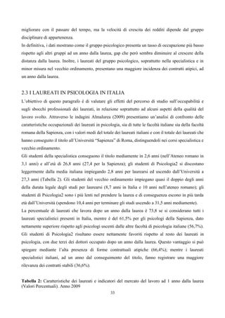 migliorare con il passare del tempo, ma la velocità di crescita dei redditi dipende dal gruppo
disciplinare di appartenenza.
In definitiva, i dati mostrano come il gruppo psicologico presenta un tasso di occupazione più basso
rispetto agli altri gruppi ad un anno dalla laurea, gap che però sembra diminuire al crescere della
distanza dalla laurea. Inoltre, i laureati del gruppo psicologico, soprattutto nella specialistica e in
minor misura nel vecchio ordinamento, presentano una maggiore incidenza dei contratti atipici, ad
un anno dalla laurea.


2.3 I LAUREATI IN PSICOLOGIA IN ITALIA
L’obiettivo di questo paragrafo è di valutare gli effetti del percorso di studio sull’occupabilità e
sugli sbocchi professionali dei laureati, in relazione soprattutto ad alcuni aspetti della qualità del
lavoro svolto. Attraverso le indagini Almalurea (2009) presentiamo un’analisi di confronto delle
caratteristiche occupazionali dei laureati in psicologia, sia di tutte le facoltà italiane sia della facoltà
romana della Sapienza, con i valori medi del totale dei laureati italiani e con il totale dei laureati che
hanno conseguito il titolo all’Università “Sapienza” di Roma, distinguendoli nei corsi specialistica e
vecchio ordinamento.
Gli studenti della specialistica conseguono il titolo mediamente in 2,6 anni (nell’Ateneo romano in
3,1 anni) e all’età di 26,8 anni (27,4 per la Sapienza); gli studenti di Psicologia2 si discostano
leggermente dalla media italiana impiegando 2,8 anni per laurearsi ed uscendo dall’Università a
27,3 anni (Tabella 2). Gli studenti del vecchio ordinamento impiegano quasi il doppio degli anni
della durata legale degli studi per laurearsi (8,7 anni in Italia e 10 anni nell’ateneo romano); gli
studenti di Psicologia2 sono i più lenti nel prendere la laurea e di conseguenza escono in più tarda
età dall’Università (spendono 10,4 anni per terminare gli studi uscendo a 31,5 anni mediamente).
La percentuale di laureati che lavora dopo un anno dalla laurea è 73,8 se si considerano tutti i
laureati specialistici presenti in Italia, mentre è del 61,5% per gli psicologi della Sapienza, dato
nettamente superiore rispetto agli psicologi uscenti dalle altre facoltà di psicologia italiane (56,7%).
Gli studenti di Psicologia2 risultano essere nettamente favoriti rispetto al resto dei laureati in
psicologia, con due terzi dei dottori occupato dopo un anno dalla laurea. Questo vantaggio si può
spiegare mediante l’alta presenza di forme contrattuali atipiche (66,4%); mentre i laureati
specialistici italiani, ad un anno dal conseguimento del titolo, fanno registrare una maggiore
rilevanza dei contratti stabili (36,6%).


Tabella 2: Caratteristiche dei laureati e indicatori del mercato del lavoro ad 1 anno dalla laurea
(Valori Percentuali). Anno 2009
                                                    33
 