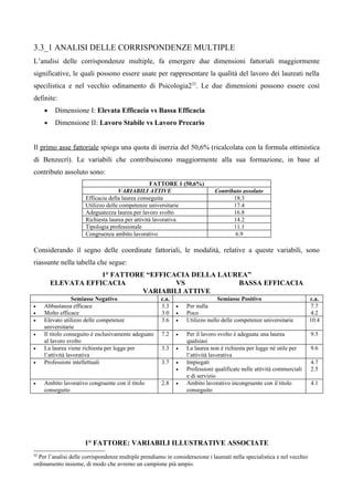 3.3_1 ANALISI DELLE CORRISPONDENZE MULTIPLE
L’analisi delle corrispondenze multiple, fa emergere due dimensioni fattoriali maggiormente
significative, le quali possono essere usate per rappresentare la qualità del lavoro dei laureati nella
specilistica e nel vecchio odinamento di Psicologia222. Le due dimensioni possono essere così
definite:
     •    Dimensione I: Elevata Efficacia vs Bassa Efficacia
     •    Dimensione II: Lavoro Stabile vs Lavoro Precario


Il primo asse fattoriale spiega una quota di inerzia del 50,6% (ricalcolata con la formula ottimistica
di Benzecrì). Le variabili che contribuiscono maggiormente alla sua formazione, in base al
contributo assoluto sono:
                                                  FATTORE 1 (50,6%)
                                    VARIABILI ATTIVE                         Contributo assoluto
                      Efficacia della laurea conseguita                             18.3
                      Utilizzo delle competenze universitarie                       17.4
                      Adeguatezza laurea per lavoro svolto                          16.8
                      Richiesta laurea per attività lavorativa                      14.2
                      Tipologia professionale                                       11.1
                      Congruenza ambito lavorativo                                   6.9

Considerando il segno delle coordinate fattoriali, le modalità, relative a queste variabili, sono
riassunte nella tabella che segue:
                     1° FATTORE “EFFICACIA DELLA LAUREA”
         ELEVATA EFFICACIA             VS            BASSA EFFICACIA
                               VARIABILI ATTIVE
                  Semiasse Negativo                   c.a.                    Semiasse Positivo                          c.a.
•    Abbastanza efficace                              3.3    •   Per nulla                                                7.7
•    Molto efficace                                   3.0    •   Poco                                                     4.2
•    Elevato utilizzo delle competenze                3.6    •   Utilizzo nullo delle competenze universitarie           10.4
     universitarie
•    Il titolo conseguito è esclusivamente adeguato    7.2   •   Per il lavoro svolto è adeguata una laurea              9.5
     al lavoro svolto                                            qualsiasi
•    La laurea viene richiesta per legge per           3.3   •   La laurea non è richiesta per legge né utile per        9.6
     l’attività lavorativa                                       l’attività lavorativa
•    Professioni intellettuali                         3.7   •   Impiegati                                               4.7
                                                             •   Professioni qualificate nelle attività commerciali      2.5
                                                                 e di servizio
•    Ambito lavorativo congruente con il titolo        2.8   •   Ambito lavorativo incongruente con il titolo            4.1
     conseguito                                                  conseguito




                      1° FATTORE: VARIABILI ILLUSTRATIVE ASSOCIATE
22
  Per l’analisi delle corrispondenze multiple prendiamo in considerazione i laureati nella specialistica e nel vecchio
ordinamento insieme, di modo che avremo un campione più ampio.
 