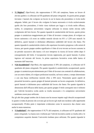1- “I Migliori” (Spe-Form), che rappresentano il 39% del campione, hanno un lavoro di
   elevata qualità e si collocano nel III quadrante del piano ortogonale. In questo primo gruppo
   troviamo i laureati che svolgono un lavoro in cui la laurea che possiedono si rivela molto
   adeguata. Infatti, per il lavoro che svolgono la laurea necessaria si rivela esclusivamente
   quella che loro possiedono, il titolo viene richiesto per legge e si rivela molto efficace,
   inoltre, le competenze universitarie vengono utilizzate in misura molto elevata nello
   svolgimento del loro lavoro. Per quanto riguarda le caratteristiche del lavoro, questo primo
   gruppo si caratterizza maggiormente per il fatto di lavorare a tempo pieno, di svolgere un
   lavoro autonomo e di avere un reddito mensile elevato tra 851 a 1.250 euro mensili. In
   definitiva, questi laureati si dichiarano abbastanza soddisfatti del lavoro che fanno. Per
   quanto riguarda le caratteristiche relative alle esperienze lavorative pregresse e alle azioni di
   ricerca, per questo gruppo sembra significativo il fatto di aver trovato un lavoro coerente in
   un periodo successivo alla laurea e di aver intrapreso la ricerca di lavoro subito dopo il
   conseguimento del titolo. L’occupazione trovata rappresenta, per questi laureati, il primo
   ingresso nel mercato del lavoro, la prima esperienza lavorativa avuta dalla laurea al
   momento dell’intervista.
2- “Gli Insoddisfatti” (Spe-Ben), che rappresentano il 30% del campione, si collocano nel II
   quadrante del piano ortogonale. Per quanto riguarda le caratteristiche occupazionali, questo
   gruppo si caratterizza prevalentemente per il fatto di lavorare con contratti di collaborazione,
   con un orario ridotto, di svolgere professioni tecniche, nel terzo settore, a tempo determinato
   e con una bassa retribuzione mensile (fino a 450 euro). Nonostante questi aspetti di
   precarietà lavorativa, questo gruppo di laureati presente un lavoro congruente. In definitiva,
   questi laureati si dichiarano poco soddisfatti del lavoro che fanno. Per quanto riguarda la
   dimensione dell’efficacia della laurea, per questo gruppo il titolo conseguito non è richiesto
   per l’attività lavorativa svolta anche se risulta necessario e le competenze universitarie
   sembrano essere poco utilizzate.
Per gli altri due gruppi sembra che la laurea non ha nessun impatto sugli sbocchi occupazionali
in quanto si tratta di persone che avevano già un lavoro (gli studi non incidono sulle opportunità
occupazionali). D’altra parte è importante evidenziare come le successive due cluster sono
anche le meno numerose.
3- “I Soddisfatti”, che rappresentano il 18,7% del campione, si collocano nel IV quadrante del
   piano ortogonale. La laurea non è richiesta per l’attività lavorativa anche se risulta utile e le
   competenze acquisite durante l’università risultano poco utilizzate. Per quanto riguarda le

                                               6
 
