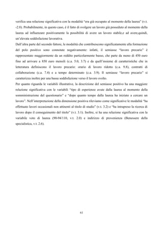 verifica una relazione significativa con la modalità “era già occupato al momento della laurea” (v.t.
-2.8). Probabilmente, in questo caso, è il fatto di svolgere un lavoro già posseduto al momento della
laurea ad influenzare positivamente la possibilità di avere un lavoro stabile,e ad avere,quindi,
un’elevata soddisfazione lavorativa.
Dall’altra parte del secondo fattore, le modalità che contribuiscono significatamente alla formazione
del polo positivo sono connotate negativamente: infatti, il semiasse “lavoro precario” è
rappresentato maggiormente da un reddito particolarmente basso, che parte da meno di 450 euro
fino ad arrivare a 850 euro mensili (c.a. 5.0, 3.7) e da quell’insieme di caratteristiche che in
letteratura definiscono il lavoro precario: orario di lavoro ridotto (c.a. 9.8), contratti di
collaborazione (c.a. 7.4) e a tempo determinato (c.a. 3.9). Il semiasse “lavoro precario” si
caratterizza inoltre per una bassa soddisfazione verso il lavoro svolto.
Per quanto riguarda le variabili illustrative, la descrizione del semiasse positivo ha una maggiore
relazione significativa con le variabili “tipo di esperienze avute dalla laurea al momento della
somministrazione del questionario” e “dopo quanto tempo dalla laurea ha iniziato a cercare un
lavoro”. Nell’interpretazione della dimensione positiva rileviamo come significative le modalità “ha
effettuato lavori occasionali non attinenti al titolo di studio” (v.t. 3.2) e “ha intrapreso la ricerca di
lavoro dopo il conseguimento del titolo” (v.t. 3.1). Inoltre, si ha una relazione significativa con la
variabile voto di laurea (90-94/110, v.t. 2.0) e indirizzo di provenienza (Benessere della
specialistica, v.t. 2.6).




                                                   61
 