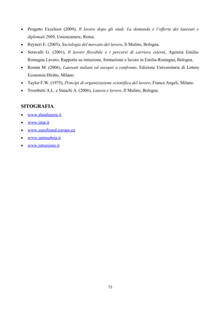 •   Progetto Excelsior (2009), Il lavoro dopo gli studi. La domanda e l’offerta dei laureati e
    diplomati 2009, Unioncamere, Roma.
•   Reyneri E. (2005), Sociologia del mercato del lavoro, Il Mulino, Bologna.
•   Seravalli G. (2001), Il lavoro flessibile e i percorsi di carriera esterni, Agenzia Emilia-
    Romagna Lavoro, Rapporto su istruzione, formazione e lavoro in Emilia-Romagna, Bologna.
•   Rostan M. (2006), Laureati italiani ed europei a confronto, Edizione Universitarie di Lettere
    Economia Diritto, Milano.
•   Taylor F.W. (1975), Principi di organizzazione scientifica del lavoro, Franco Angeli, Milano.
•   Trombetti A.L. e Stanchi A. (2006), Laurea e lavoro, Il Mulino, Bologna.


SITOGRAFIA
•   www.almalaurea.it
•   www.istat.it
•   www.eurofound.europa.eu
•   www.uninsubria.it
•   www.istruzione.it




                                                73
 