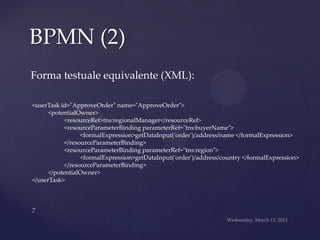 BPMN (2)
Forma testuale equivalente (XML):
<userTask id="ApproveOrder" name="ApproveOrder">
    <potentialOwner>
        <resourceRef>tns:regionalManager</resourceRef>
        <resourceParameterBinding parameterRef="tns:buyerName">
            <formalExpression>getDataInput('order')/address/name
            </formalExpression>
        </resourceParameterBinding>
        <resourceParameterBinding parameterRef="tns:region">
            <formalExpression>getDataInput('order')/address/coun
            try </formalExpression>
        </resourceParameterBinding>
    </potentialOwner>
</userTask>
 