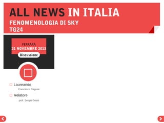 ALL NEWS IN ITALIA
FENOMENOLOGIA DI SKY
TG24
FERRARA
21 NOVEMBRE 2013
Discussione


 Laureando
Francesco Ragusa

 Relatore
prof. Sergio Gessi

 