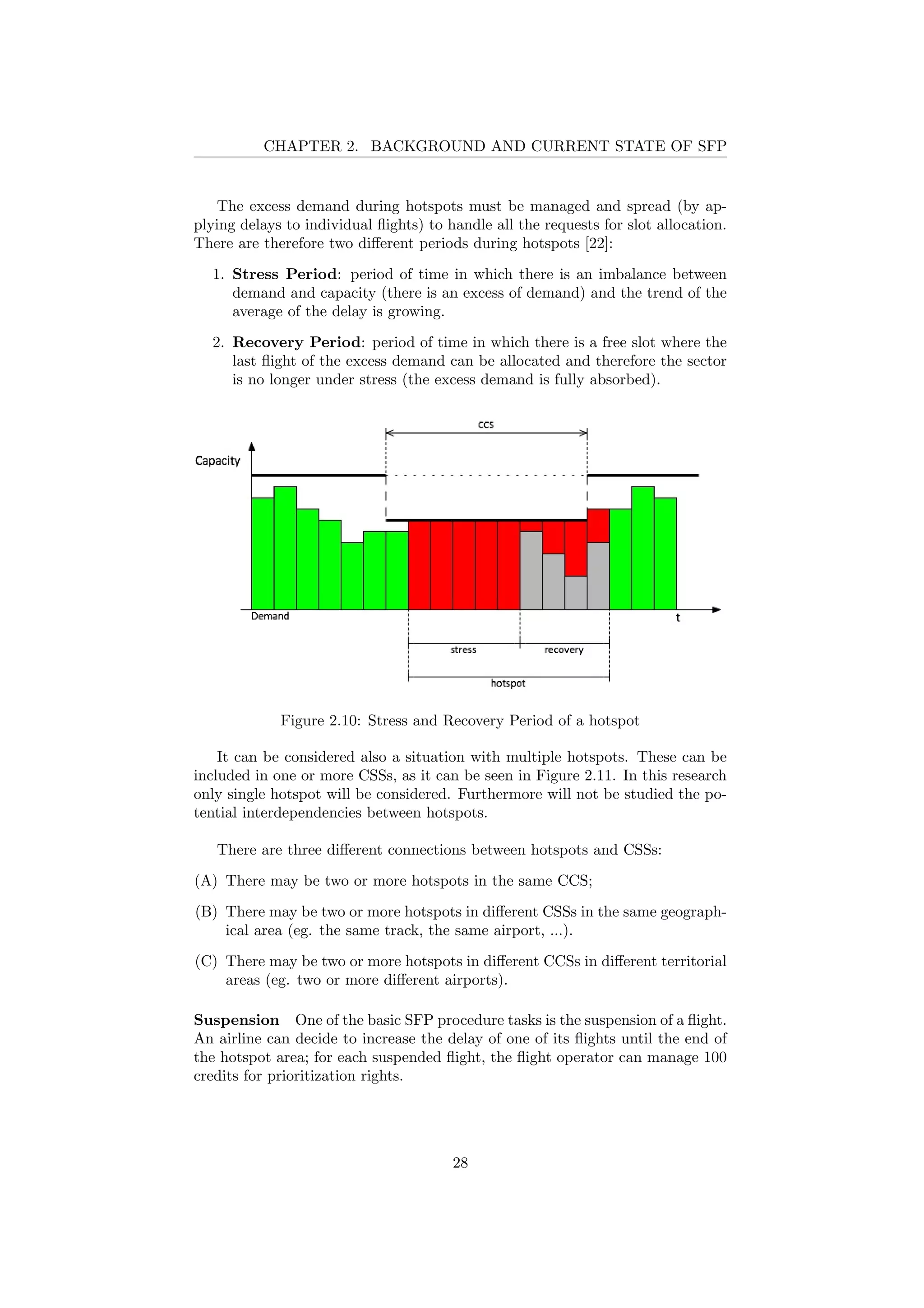 CHAPTER 2. BACKGROUND AND CURRENT STATE OF SFP
The excess demand during hotspots must be managed and spread (by ap-
plying delays to individual ﬂights) to handle all the requests for slot allocation.
There are therefore two diﬀerent periods during hotspots [22]:
1. Stress Period: period of time in which there is an imbalance between
demand and capacity (there is an excess of demand) and the trend of the
average of the delay is growing.
2. Recovery Period: period of time in which there is a free slot where the
last ﬂight of the excess demand can be allocated and therefore the sector
is no longer under stress (the excess demand is fully absorbed).
Figure 2.10: Stress and Recovery Period of a hotspot
It can be considered also a situation with multiple hotspots. These can be
included in one or more CSSs, as it can be seen in Figure 2.11. In this research
only single hotspot will be considered. Furthermore will not be studied the po-
tential interdependencies between hotspots.
There are three diﬀerent connections between hotspots and CSSs:
(A) There may be two or more hotspots in the same CCS;
(B) There may be two or more hotspots in diﬀerent CSSs in the same geograph-
ical area (eg. the same track, the same airport, ...).
(C) There may be two or more hotspots in diﬀerent CCSs in diﬀerent territorial
areas (eg. two or more diﬀerent airports).
Suspension One of the basic SFP procedure tasks is the suspension of a ﬂight.
An airline can decide to increase the delay of one of its ﬂights until the end of
the hotspot area; for each suspended ﬂight, the ﬂight operator can manage 100
credits for prioritization rights.
28
 