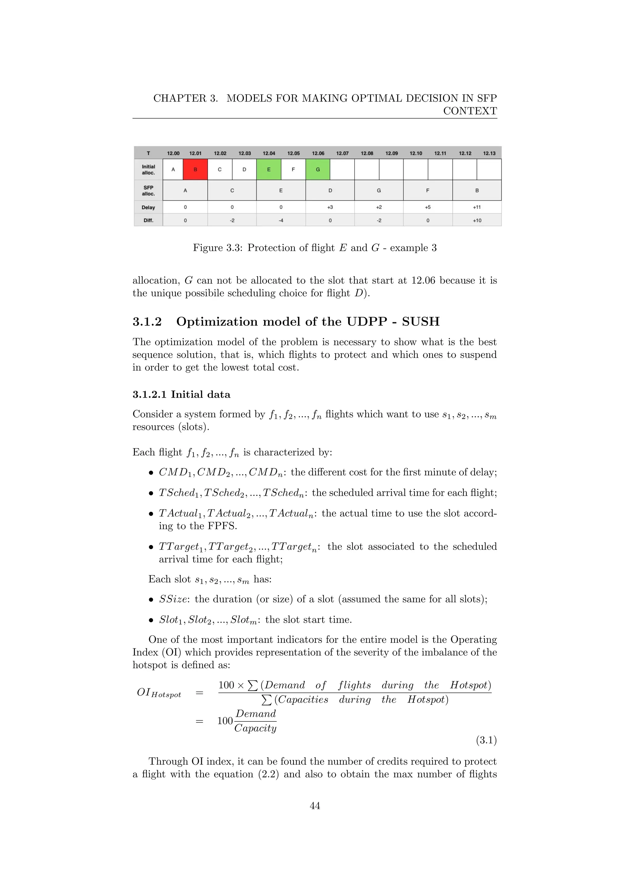 CHAPTER 3. MODELS FOR MAKING OPTIMAL DECISION IN SFP
CONTEXT
Figure 3.3: Protection of ﬂight E and G - example 3
allocation, G can not be allocated to the slot that start at 12.06 because it is
the unique possibile scheduling choice for ﬂight D).
3.1.2 Optimization model of the UDPP - SUSH
The optimization model of the problem is necessary to show what is the best
sequence solution, that is, which ﬂights to protect and which ones to suspend
in order to get the lowest total cost.
3.1.2.1 Initial data
Consider a system formed by f1, f2, ..., fn ﬂights which want to use s1, s2, ..., sm
resources (slots).
Each ﬂight f1, f2, ..., fn is characterized by:
• CMD1, CMD2, ..., CMDn: the diﬀerent cost for the ﬁrst minute of delay;
• TSched1, TSched2, ..., TSchedn: the scheduled arrival time for each ﬂight;
• TActual1, TActual2, ..., TActualn: the actual time to use the slot accord-
ing to the FPFS.
• TTarget1, TTarget2, ..., TTargetn: the slot associated to the scheduled
arrival time for each ﬂight;
Each slot s1, s2, ..., sm has:
• SSize: the duration (or size) of a slot (assumed the same for all slots);
• Slot1, Slot2, ..., Slotm: the slot start time.
One of the most important indicators for the entire model is the Operating
Index (OI) which provides representation of the severity of the imbalance of the
hotspot is deﬁned as:
OIHotspot =
100 × (Demand of flights during the Hotspot)
(Capacities during the Hotspot)
= 100
Demand
Capacity
(3.1)
Through OI index, it can be found the number of credits required to protect
a ﬂight with the equation (2.2) and also to obtain the max number of ﬂights
44
 