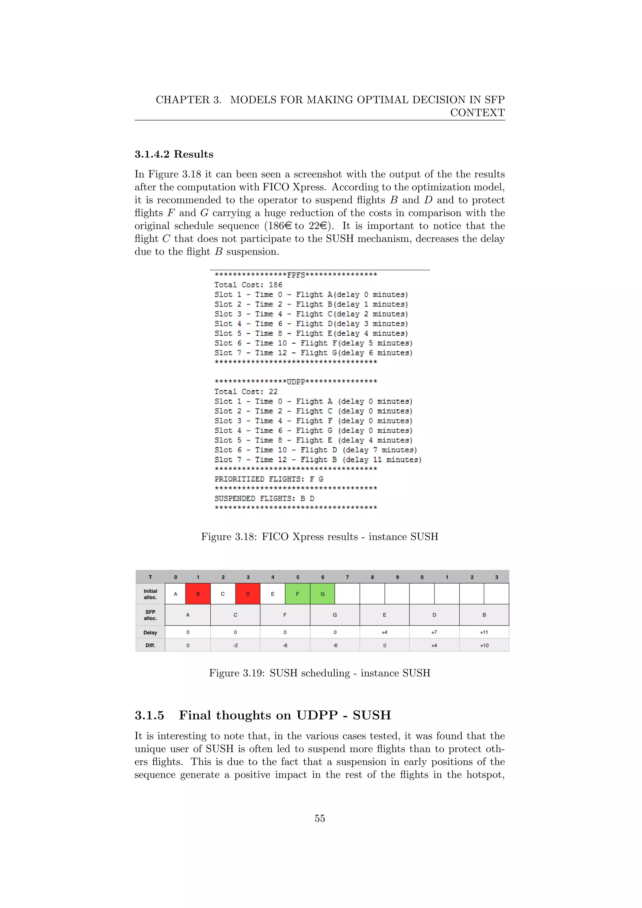 CHAPTER 3. MODELS FOR MAKING OPTIMAL DECISION IN SFP
CONTEXT
3.1.4.2 Results
In Figure 3.18 it can been seen a screenshot with the output of the the results
after the computation with FICO Xpress. According to the optimization model,
it is recommended to the operator to suspend ﬂights B and D and to protect
ﬂights F and G carrying a huge reduction of the costs in comparison with the
original schedule sequence (186e to 22e). It is important to notice that the
ﬂight C that does not participate to the SUSH mechanism, decreases the delay
due to the ﬂight B suspension.
Figure 3.18: FICO Xpress results - instance SUSH
Figure 3.19: SUSH scheduling - instance SUSH
3.1.5 Final thoughts on UDPP - SUSH
It is interesting to note that, in the various cases tested, it was found that the
unique user of SUSH is often led to suspend more ﬂights than to protect oth-
ers ﬂights. This is due to the fact that a suspension in early positions of the
sequence generate a positive impact in the rest of the ﬂights in the hotspot,
55
 