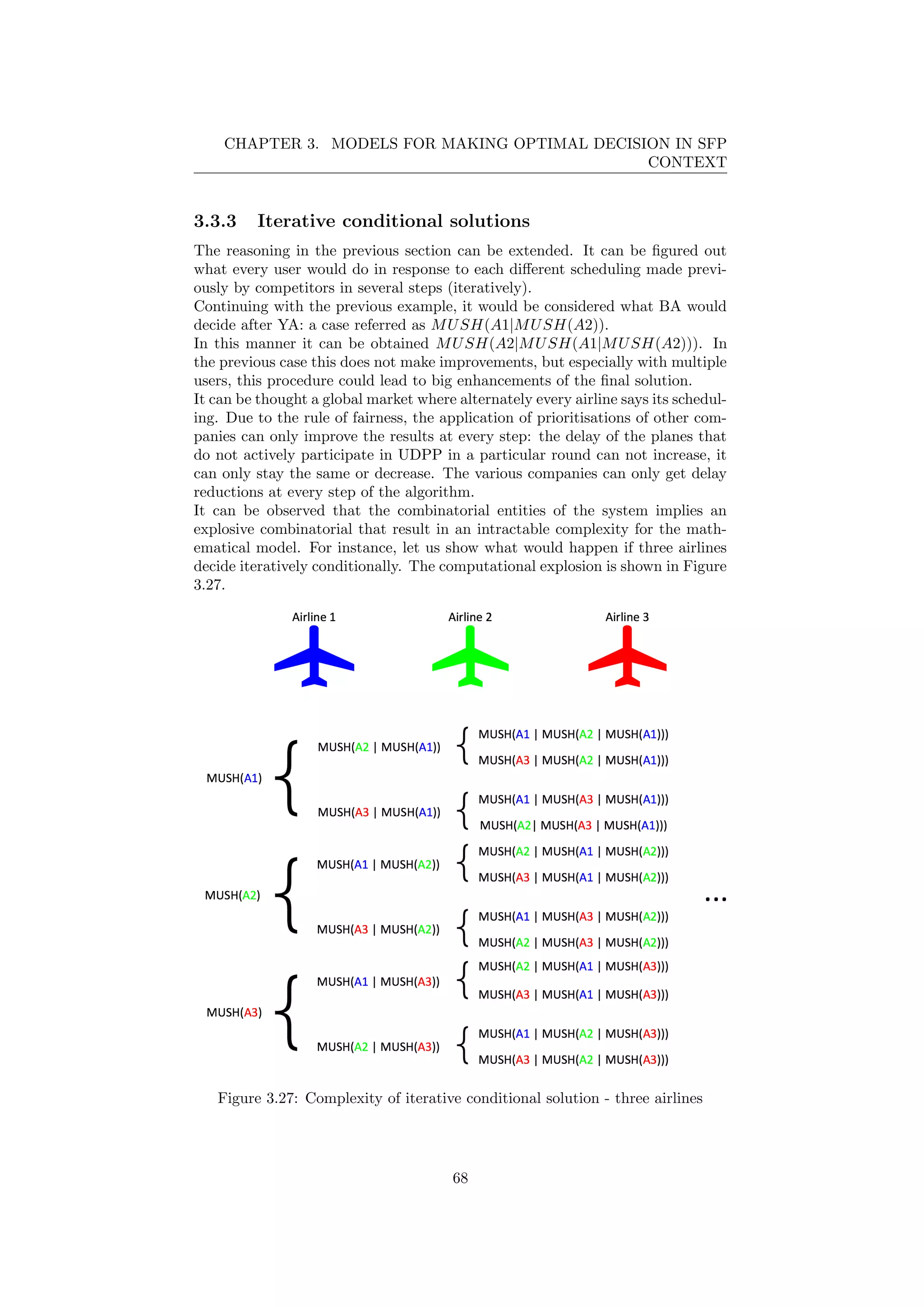 CHAPTER 3. MODELS FOR MAKING OPTIMAL DECISION IN SFP
CONTEXT
3.3.3 Iterative conditional solutions
The reasoning in the previous section can be extended. It can be ﬁgured out
what every user would do in response to each diﬀerent scheduling made previ-
ously by competitors in several steps (iteratively).
Continuing with the previous example, it would be considered what BA would
decide after YA: a case referred as MUSH(A1|MUSH(A2)).
In this manner it can be obtained MUSH(A2|MUSH(A1|MUSH(A2))). In
the previous case this does not make improvements, but especially with multiple
users, this procedure could lead to big enhancements of the ﬁnal solution.
It can be thought a global market where alternately every airline says its schedul-
ing. Due to the rule of fairness, the application of prioritisations of other com-
panies can only improve the results at every step: the delay of the planes that
do not actively participate in UDPP in a particular round can not increase, it
can only stay the same or decrease. The various companies can only get delay
reductions at every step of the algorithm.
It can be observed that the combinatorial entities of the system implies an
explosive combinatorial that result in an intractable complexity for the math-
ematical model. For instance, let us show what would happen if three airlines
decide iteratively conditionally. The computational explosion is shown in Figure
3.27.
Figure 3.27: Complexity of iterative conditional solution - three airlines
68
 