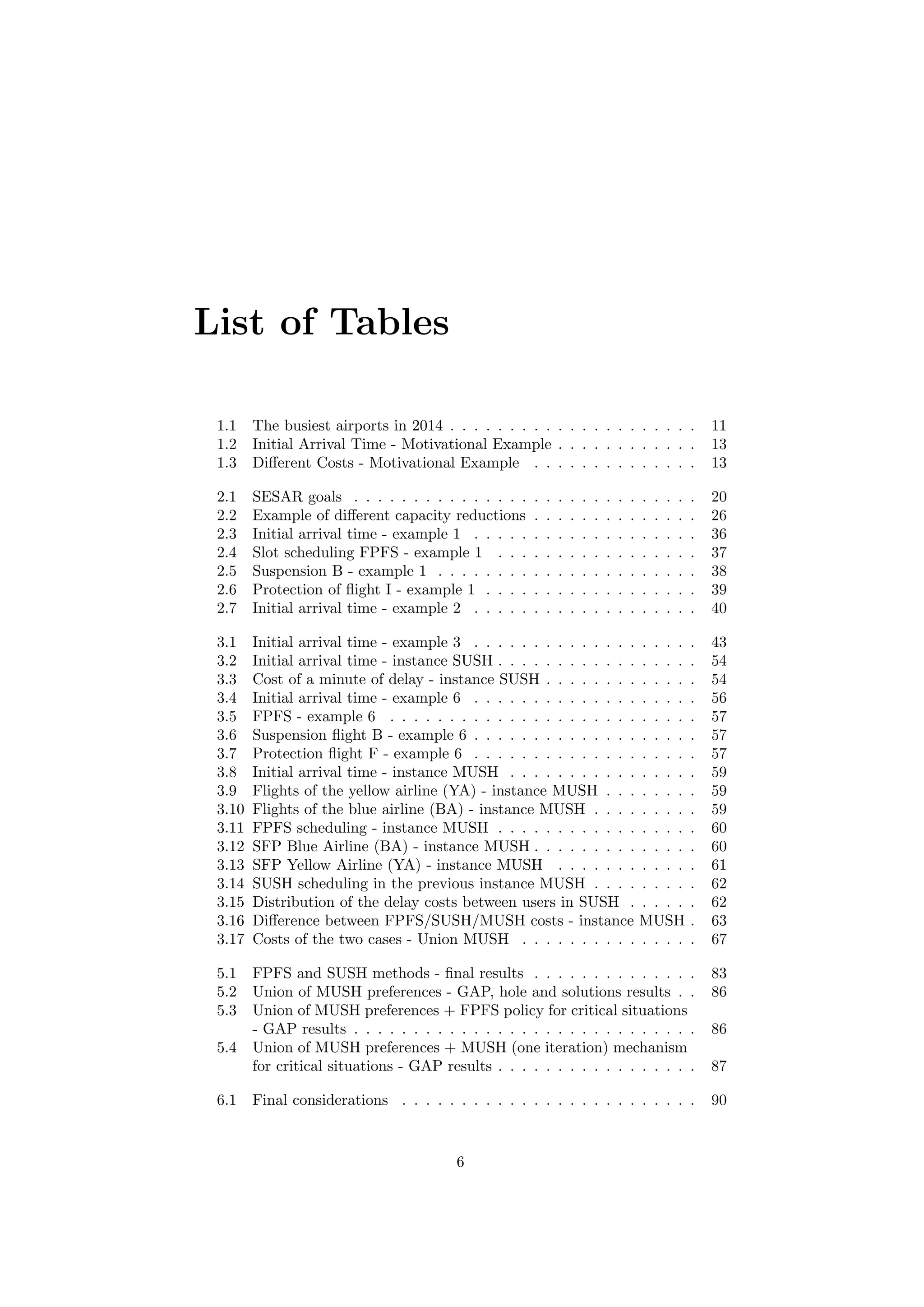 List of Tables
1.1 The busiest airports in 2014 . . . . . . . . . . . . . . . . . . . . . 11
1.2 Initial Arrival Time - Motivational Example . . . . . . . . . . . . 13
1.3 Diﬀerent Costs - Motivational Example . . . . . . . . . . . . . . 13
2.1 SESAR goals . . . . . . . . . . . . . . . . . . . . . . . . . . . . . 20
2.2 Example of diﬀerent capacity reductions . . . . . . . . . . . . . . 26
2.3 Initial arrival time - example 1 . . . . . . . . . . . . . . . . . . . 36
2.4 Slot scheduling FPFS - example 1 . . . . . . . . . . . . . . . . . 37
2.5 Suspension B - example 1 . . . . . . . . . . . . . . . . . . . . . . 38
2.6 Protection of ﬂight I - example 1 . . . . . . . . . . . . . . . . . . 39
2.7 Initial arrival time - example 2 . . . . . . . . . . . . . . . . . . . 40
3.1 Initial arrival time - example 3 . . . . . . . . . . . . . . . . . . . 43
3.2 Initial arrival time - instance SUSH . . . . . . . . . . . . . . . . . 54
3.3 Cost of a minute of delay - instance SUSH . . . . . . . . . . . . . 54
3.4 Initial arrival time - example 6 . . . . . . . . . . . . . . . . . . . 56
3.5 FPFS - example 6 . . . . . . . . . . . . . . . . . . . . . . . . . . 57
3.6 Suspension ﬂight B - example 6 . . . . . . . . . . . . . . . . . . . 57
3.7 Protection ﬂight F - example 6 . . . . . . . . . . . . . . . . . . . 57
3.8 Initial arrival time - instance MUSH . . . . . . . . . . . . . . . . 59
3.9 Flights of the yellow airline (YA) - instance MUSH . . . . . . . . 59
3.10 Flights of the blue airline (BA) - instance MUSH . . . . . . . . . 59
3.11 FPFS scheduling - instance MUSH . . . . . . . . . . . . . . . . . 60
3.12 SFP Blue Airline (BA) - instance MUSH . . . . . . . . . . . . . . 60
3.13 SFP Yellow Airline (YA) - instance MUSH . . . . . . . . . . . . 61
3.14 SUSH scheduling in the previous instance MUSH . . . . . . . . . 62
3.15 Distribution of the delay costs between users in SUSH . . . . . . 62
3.16 Diﬀerence between FPFS/SUSH/MUSH costs - instance MUSH . 63
3.17 Costs of the two cases - Union MUSH . . . . . . . . . . . . . . . 67
5.1 FPFS and SUSH methods - ﬁnal results . . . . . . . . . . . . . . 83
5.2 Union of MUSH preferences - GAP, hole and solutions results . . 86
5.3 Union of MUSH preferences + FPFS policy for critical situations
- GAP results . . . . . . . . . . . . . . . . . . . . . . . . . . . . . 86
5.4 Union of MUSH preferences + MUSH (one iteration) mechanism
for critical situations - GAP results . . . . . . . . . . . . . . . . . 87
6.1 Final considerations . . . . . . . . . . . . . . . . . . . . . . . . . 90
6
 
