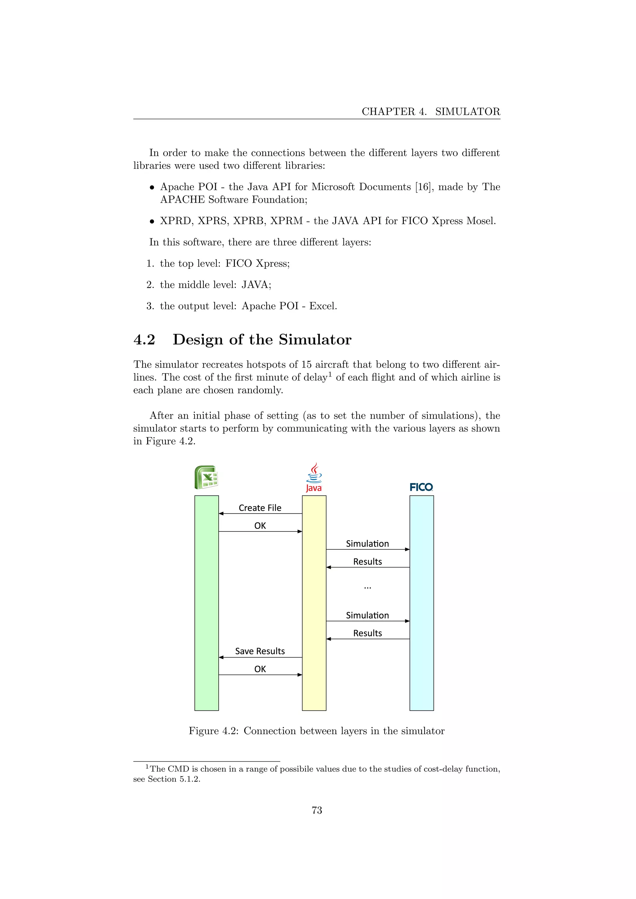 CHAPTER 4. SIMULATOR
In order to make the connections between the diﬀerent layers two diﬀerent
libraries were used two diﬀerent libraries:
• Apache POI - the Java API for Microsoft Documents [16], made by The
APACHE Software Foundation;
• XPRD, XPRS, XPRB, XPRM - the JAVA API for FICO Xpress Mosel.
In this software, there are three diﬀerent layers:
1. the top level: FICO Xpress;
2. the middle level: JAVA;
3. the output level: Apache POI - Excel.
4.2 Design of the Simulator
The simulator recreates hotspots of 15 aircraft that belong to two diﬀerent air-
lines. The cost of the ﬁrst minute of delay1
of each ﬂight and of which airline is
each plane are chosen randomly.
After an initial phase of setting (as to set the number of simulations), the
simulator starts to perform by communicating with the various layers as shown
in Figure 4.2.
Figure 4.2: Connection between layers in the simulator
1The CMD is chosen in a range of possibile values due to the studies of cost-delay function,
see Section 5.1.2.
73
 