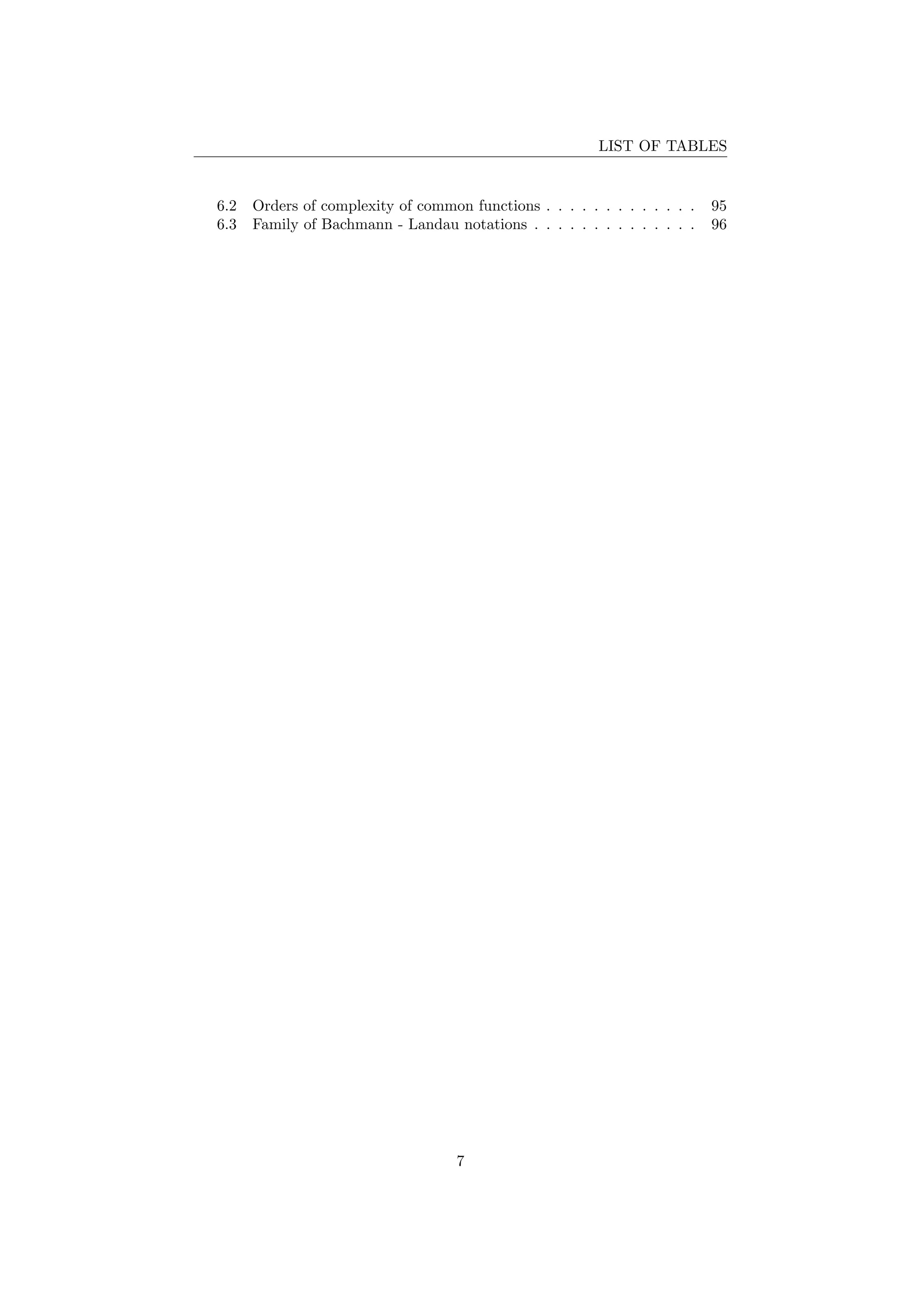 LIST OF TABLES
6.2 Orders of complexity of common functions . . . . . . . . . . . . . 95
6.3 Family of Bachmann - Landau notations . . . . . . . . . . . . . . 96
7
 
