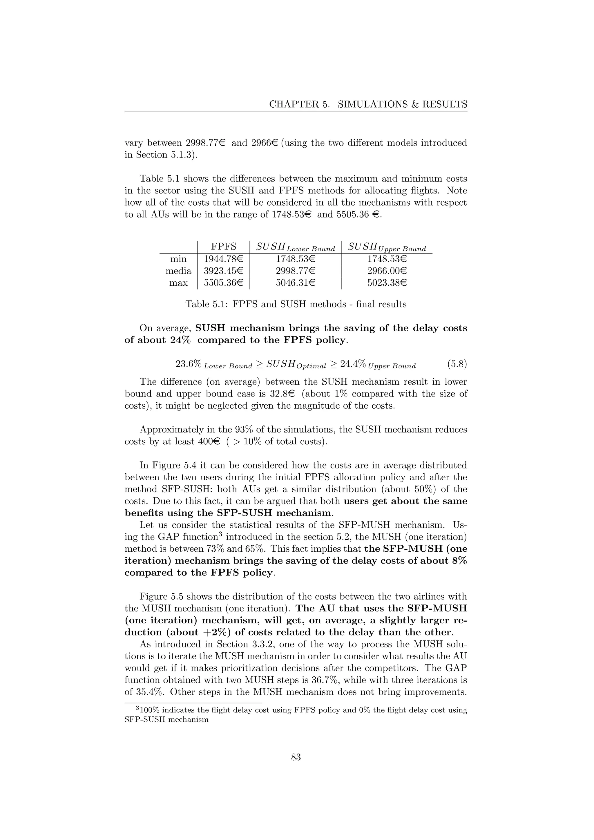 CHAPTER 5. SIMULATIONS & RESULTS
vary between 2998.77e and 2966e (using the two diﬀerent models introduced
in Section 5.1.3).
Table 5.1 shows the diﬀerences between the maximum and minimum costs
in the sector using the SUSH and FPFS methods for allocating ﬂights. Note
how all of the costs that will be considered in all the mechanisms with respect
to all AUs will be in the range of 1748.53e and 5505.36 e.
FPFS SUSHLower Bound SUSHUpper Bound
min 1944.78e 1748.53e 1748.53e
media 3923.45e 2998.77e 2966.00e
max 5505.36e 5046.31e 5023.38e
Table 5.1: FPFS and SUSH methods - ﬁnal results
On average, SUSH mechanism brings the saving of the delay costs
of about 24% compared to the FPFS policy.
23.6% Lower Bound ≥ SUSHOptimal ≥ 24.4% Upper Bound (5.8)
The diﬀerence (on average) between the SUSH mechanism result in lower
bound and upper bound case is 32.8e (about 1% compared with the size of
costs), it might be neglected given the magnitude of the costs.
Approximately in the 93% of the simulations, the SUSH mechanism reduces
costs by at least 400e ( > 10% of total costs).
In Figure 5.4 it can be considered how the costs are in average distributed
between the two users during the initial FPFS allocation policy and after the
method SFP-SUSH: both AUs get a similar distribution (about 50%) of the
costs. Due to this fact, it can be argued that both users get about the same
beneﬁts using the SFP-SUSH mechanism.
Let us consider the statistical results of the SFP-MUSH mechanism. Us-
ing the GAP function3
introduced in the section 5.2, the MUSH (one iteration)
method is between 73% and 65%. This fact implies that the SFP-MUSH (one
iteration) mechanism brings the saving of the delay costs of about 8%
compared to the FPFS policy.
Figure 5.5 shows the distribution of the costs between the two airlines with
the MUSH mechanism (one iteration). The AU that uses the SFP-MUSH
(one iteration) mechanism, will get, on average, a slightly larger re-
duction (about +2%) of costs related to the delay than the other.
As introduced in Section 3.3.2, one of the way to process the MUSH solu-
tions is to iterate the MUSH mechanism in order to consider what results the AU
would get if it makes prioritization decisions after the competitors. The GAP
function obtained with two MUSH steps is 36.7%, while with three iterations is
of 35.4%. Other steps in the MUSH mechanism does not bring improvements.
3100% indicates the ﬂight delay cost using FPFS policy and 0% the ﬂight delay cost using
SFP-SUSH mechanism
83
 