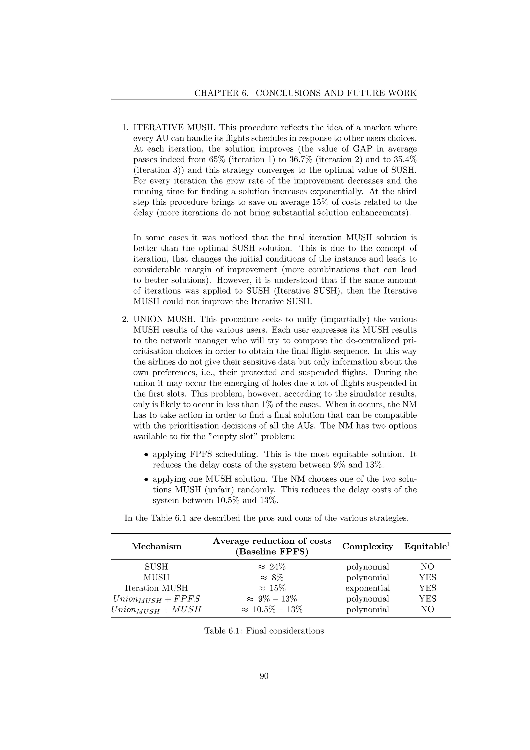 CHAPTER 6. CONCLUSIONS AND FUTURE WORK
1. ITERATIVE MUSH. This procedure reﬂects the idea of a market where
every AU can handle its ﬂights schedules in response to other users choices.
At each iteration, the solution improves (the value of GAP in average
passes indeed from 65% (iteration 1) to 36.7% (iteration 2) and to 35.4%
(iteration 3)) and this strategy converges to the optimal value of SUSH.
For every iteration the grow rate of the improvement decreases and the
running time for ﬁnding a solution increases exponentially. At the third
step this procedure brings to save on average 15% of costs related to the
delay (more iterations do not bring substantial solution enhancements).
In some cases it was noticed that the ﬁnal iteration MUSH solution is
better than the optimal SUSH solution. This is due to the concept of
iteration, that changes the initial conditions of the instance and leads to
considerable margin of improvement (more combinations that can lead
to better solutions). However, it is understood that if the same amount
of iterations was applied to SUSH (Iterative SUSH), then the Iterative
MUSH could not improve the Iterative SUSH.
2. UNION MUSH. This procedure seeks to unify (impartially) the various
MUSH results of the various users. Each user expresses its MUSH results
to the network manager who will try to compose the de-centralized pri-
oritisation choices in order to obtain the ﬁnal ﬂight sequence. In this way
the airlines do not give their sensitive data but only information about the
own preferences, i.e., their protected and suspended ﬂights. During the
union it may occur the emerging of holes due a lot of ﬂights suspended in
the ﬁrst slots. This problem, however, according to the simulator results,
only is likely to occur in less than 1% of the cases. When it occurs, the NM
has to take action in order to ﬁnd a ﬁnal solution that can be compatible
with the prioritisation decisions of all the AUs. The NM has two options
available to ﬁx the ”empty slot” problem:
• applying FPFS scheduling. This is the most equitable solution. It
reduces the delay costs of the system between 9% and 13%.
• applying one MUSH solution. The NM chooses one of the two solu-
tions MUSH (unfair) randomly. This reduces the delay costs of the
system between 10.5% and 13%.
In the Table 6.1 are described the pros and cons of the various strategies.
Mechanism
Average reduction of costs
(Baseline FPFS)
Complexity Equitable1
SUSH ≈ 24% polynomial NO
MUSH ≈ 8% polynomial YES
Iteration MUSH ≈ 15% exponential YES
UnionMUSH + FPFS ≈ 9% − 13% polynomial YES
UnionMUSH + MUSH ≈ 10.5% − 13% polynomial NO
Table 6.1: Final considerations
90
 