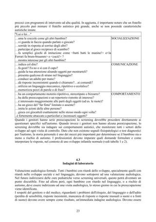 precoci con programmi di intervento ad alta qualità. In aggiunta, è importante notare che un fratello
più piccolo può mimare il fratello autistico più grande, anche se non possiede caratteristiche
autistiche innate.
Quando i genitori hanno serie preoccupazioni lo screening dovrebbe procedere direttamente ai
questionari specifici sull'autismo. Quando invece i genitori non hanno alcuna preoccupazione, lo
screening dovrebbe sia indagare sui comportamenti autistici, che monitorare tutti i settori dello
sviluppo ad ogni visita di controllo. Dato che non esistono segnali fisiopatologici o test diagnostici
per l'autismo, la storia personale è uno dei mezzi più importanti per determinare se il bambino sia o
meno a rischio di autismo. I professionisti devono imparare quali domande formulare e come
interpretare le risposte, nel contesto di uno sviluppo infantile normale (vedi tabelle 1 e 2).
4.3
Indagini di laboratorio
Valutazione audiologica formale. Tutti i bambini con ritardi dello sviluppo, specialmente quelli con
ritardi nello sviluppo sociale e nel linguaggio, devono sottoporsi ad una valutazione audiologica.
Nel futuro indirizzarsi delle cure pediatriche verso screening universali, questo potrà diventare un
punto discutibile. Fino ad allora però, ogni bambino con ritardo nel linguaggio, o a rischio di
autismo, deve essere indirizzato ad una visita audiologica, lo stesso giorno in cui la preoccupazione
viene identificata.
I sospetti del genitore o del medico, riguardanti i problemi dell'eloquio, del linguaggio o dell'udito
(perdita di sensibilità, risposte inesistenti, mancanza di risposte o risposte inusuali a suoni o a fonti
di suono) devono avere sempre come risultato, un'immediata indagine audiologica. Devono essere
23
"Lui o lei…"
…ama le coccole come gli altri bambini?
…vi guarda in faccia quando parlate o giocate?
…sorride in risposta al sorriso degli altri?
…partecipa al gioco reciproco di scambio?
…fa semplici giochi di imitazione come <batti batti le manine!> o<la
Ferrari fa brum-bruumm> o <cucù!> ?
…mostra interesse per gli altri bambini?
SOCIALIZZAZIONE
…indica col dito?
…fa gesti? Fa no o sì con il capo?
…guida la tua attenzione alzando oggetti per mostrarteli?
…presenta qualcosa di strano nel linguaggio?
…conduce un adulto per mano?
…dà risposte inconsistenti quando è chiamato?…ai comandi?
…utilizza un linguaggio meccanico, ripetitivo o ecolalico?
…memorizza pezzi di parole o di frasi?
COMUNICAZIONE
…ha un comportamento motorio ripetitivo, stereotipato o bizzarro?
…ha delle preoccupazioni o un repertorio ristretto di interessi?
…è interessato maggiormente alle parti degli oggetti (ad es. le ruote)?
…ha un gioco del "far finta" limitato o assente?
…imita le azioni delle altre persone?
…gioca coi giocattoli esattamente nello stesso modo ogni volta?
..è fortemente attaccato a particolari e inconsueti oggetti?
COMPORTAMENTO
 