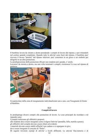 Il bambino lavora da sinistra a destra prendendo i compiti di lavoro dal ripiano, e poi ritirandoli
nel cestino quando completato. Quando tutte le attivita' sono fuori dal ripiano, il bambino puo'
ricevere il lavoro "premio" dal ripiano inferiore: puo' consistere in un gioco o un simbolo per
dirigerlo in un altra postazione.
La predisposizione della postazione (B) per uno studente piu' grande, e' simile.
Lavorera' da sinistra a destra, ma una volta terminati i compiti, risistemera' le cose nel ripiano di
partenza.
Un particolare della zona di insegnamento individualizzato uno a uno, con l'insegnante di fronte
al bambino.
12.3
Compiti di lavoro
Io predispongo diversi compiti alla postazione di lavoro. Le cose principali da ricordare a tal
riguardo sono:
I compiti rinforzano gli obbiettivi preposti;
allo studente deve essere insegnato come svolgere l'attivita' (prendila, falla, mettila a posto);
gli obbiettivi del compito devono essere chiari ed evidenti;
i materiali devono essere stabili affinche' non cadano o si sspargano in giro;
deve essere insegnato il concetto di "finito".
Di seguito troverete esempi di attivita' a livelli differenti. Le attivita' fine-motoria e di
62
 