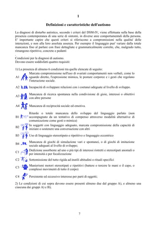 1
Definizioni e caratteristiche dell'autismo
La diagnosi di disturbo autistico, secondo i criteri del DSM-IV, viene effettuata sulla base della
presenza contemporanea di una serie di sintomi, in diverse aree comportamentali della persona.
E' importante capire che questi criteri si riferiscono a compromissioni nella qualita' delle
interazioni, e non alla loro assoluta assenza. Per esempio il linguaggio puo' variare dalla totale
mancanza fino al parlare con frasi dettagliate e grammaticalmente corrette, che, malgrado tutto,
rimangono ripetitive, concrete e pedanti
.
Condizioni per la diagnosi di autismo.
Devono essere soddisfatti quattro requisiti:
1) La presenza di almeno 6 condizioni tra quelle elencate di seguito:
A1
Marcata compromissione nell'uso di svariati comportamenti non verbali, come lo
sguardo diretto, l'espressione mimica, le posture corporee e i gesti che regolano
l'interazione sociale.
A2 Incapacità di sviluppare relazioni con i coetanei adeguate al livello di sviluppo.
A3
Mancanza di ricerca spontanea nella condivisione di gioie, interessi o obiettivi
con altre persone
A4 Mancanza di reciprocità sociale ed emotiva.
B1
Ritardo o totale mancanza dello sviluppo del linguaggio parlato (non
accompagnato da un tentativo di compenso attraverso modalità alternative di
comunicazione come gesti o mimica)
B2
In soggetti con linguaggio adeguato, marcata compromissione della capacità di
iniziare o sostenere una conversazione con altri
B3 Uso di linguaggio stereotipato e ripetitivo o linguaggio eccentrico
B4
Mancanza di giochi di simulazione vari e spontanei, o di giochi di imitazione
sociale adeguati al livello di sviluppo;
C1
Dedizione assorbente ad uno o più tipi di interessi ristretti e stereotipati anomali o
per intensità o per focalizzazione
C2 Sottomissione del tutto rigida ad inutili abitudini o rituali specifici
C3
Manierismi motori stereotipati e ripetitivi (battere o torcere le mani o il capo, o
complessi movimenti di tutto il corpo)
C4 Persistente ed eccessivo interesse per parti di oggetti;
2) Le condizioni di cui sopra devono essere presenti almeno due dal gruppo A), e almeno una
ciascuna dai gruppi A) e B);
7
 
