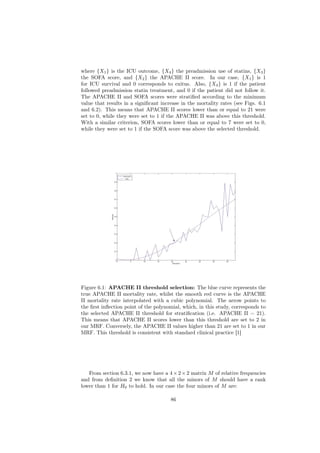 where {X1 } is the ICU outcome, {X4 } the preadmission use of statins, {X3 }
the SOFA score, and {X2 } the APACHE II score. In our case, {X1 } is 1
for ICU survival and 0 corresponds to exitus. Also, {X4 } is 1 if the patient
followed preadmission statin treatment, and 0 if the patient did not follow it.
The APACHE II and SOFA scores were stratiﬁed according to the minimum
value that results in a signiﬁcant increase in the mortality rates (see Figs. 6.1
and 6.2). This means that APACHE II scores lower than or equal to 21 were
set to 0, while they were set to 1 if the APACHE II was above this threshold.
With a similar criterion, SOFA scores lower than or equal to 7 were set to 0,
while they were set to 1 if the SOFA score was above the selected threshold.




Figure 6.1: APACHE II threshold selection: The blue curve represents the
true APACHE II mortality rate, whilst the smooth red curve is the APACHE
II mortality rate interpolated with a cubic polynomial. The arrow points to
the ﬁrst inﬂection point of the polynomial, which, in this study, corresponds to
the selected APACHE II threshold for stratiﬁcation (i.e. APACHE II = 21).
This means that APACHE II scores lower than this threshold are set to 2 in
our MRF. Conversely, the APACHE II values higher than 21 are set to 1 in our
MRF. This threshold is consistent with standard clinical practice [1]




   From section 6.3.1, we now have a 4 × 2 × 2 matrix M of relative frequencies
and from deﬁnition 2 we know that all the minors of M should have a rank
lower than 1 for H0 to hold. In our case the four minors of M are:

                                       86
 